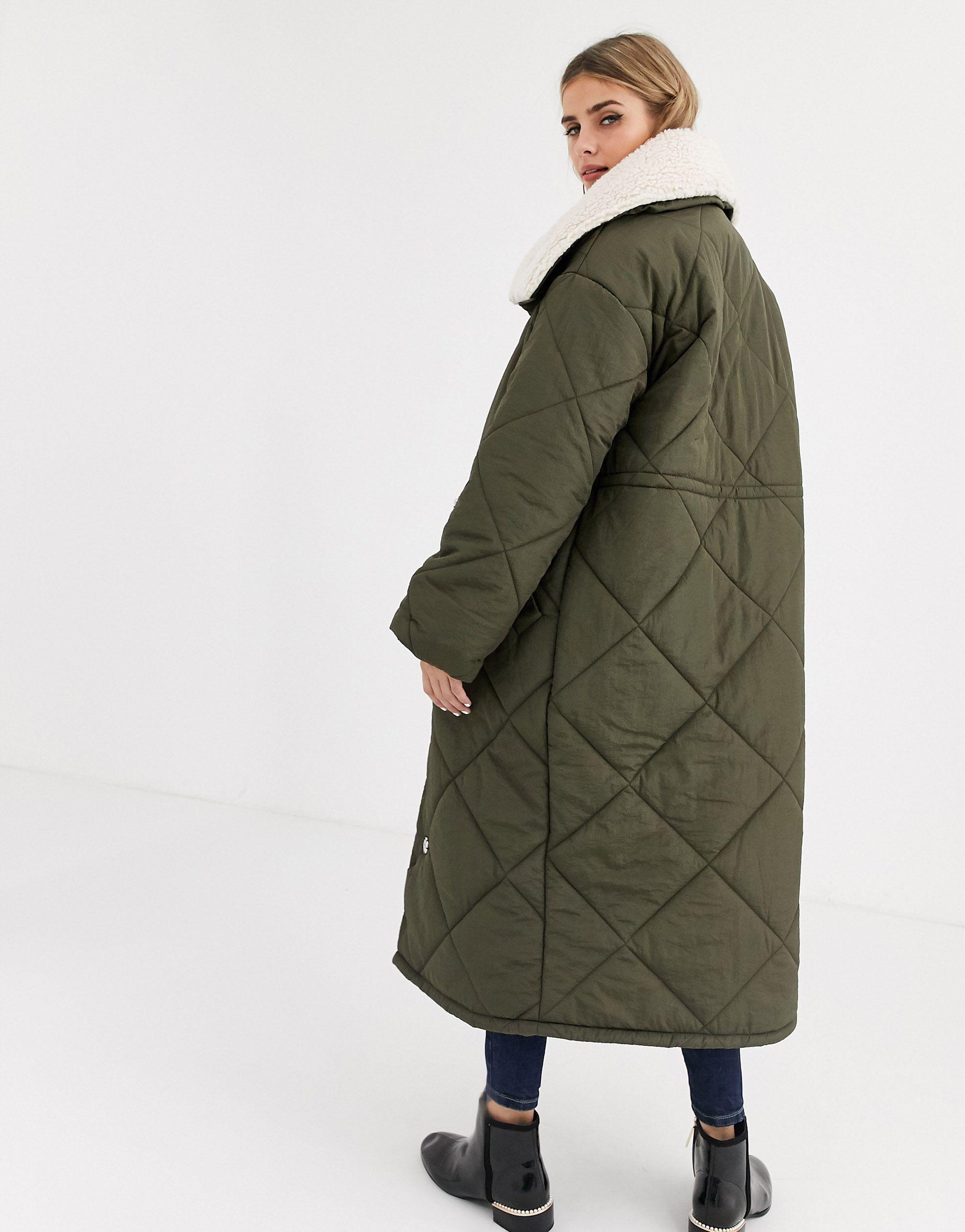 ASOS Synthetic Quilted Maxi Puffer Coat With Borg Collar in Green - Lyst