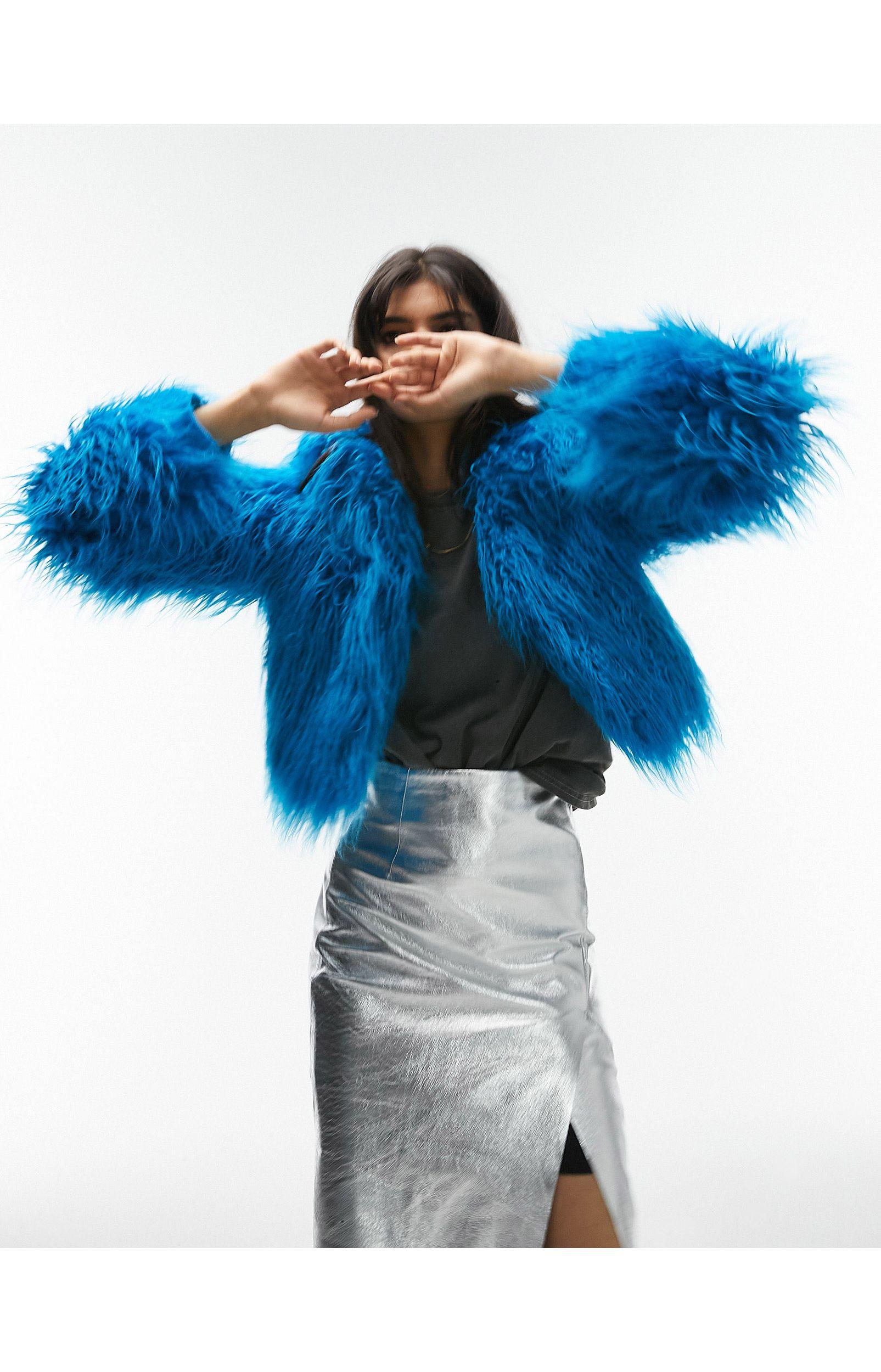 TOPSHOP Cropped shaggy Faux Fur Jacket in Blue | Lyst