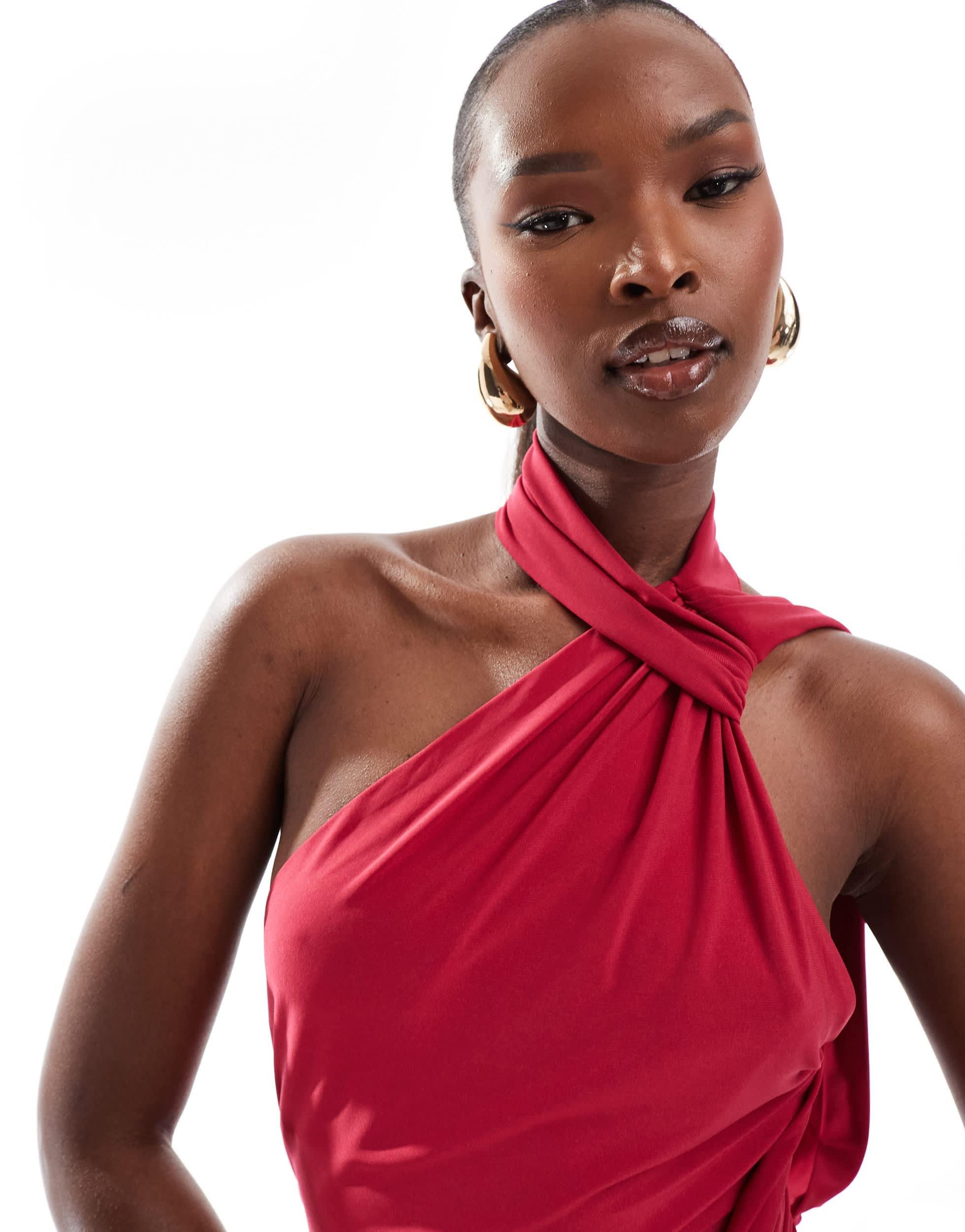asos red one shoulder dress ASOS Design modal Draped One Shoulder Maxi Dress in red-Multi