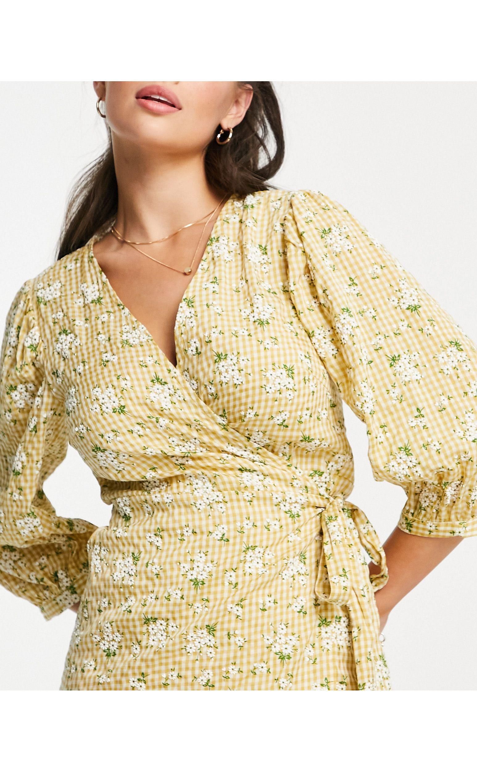 Vila Wrap Dress With 3/4 Balloon Sleeve in Yellow | Lyst