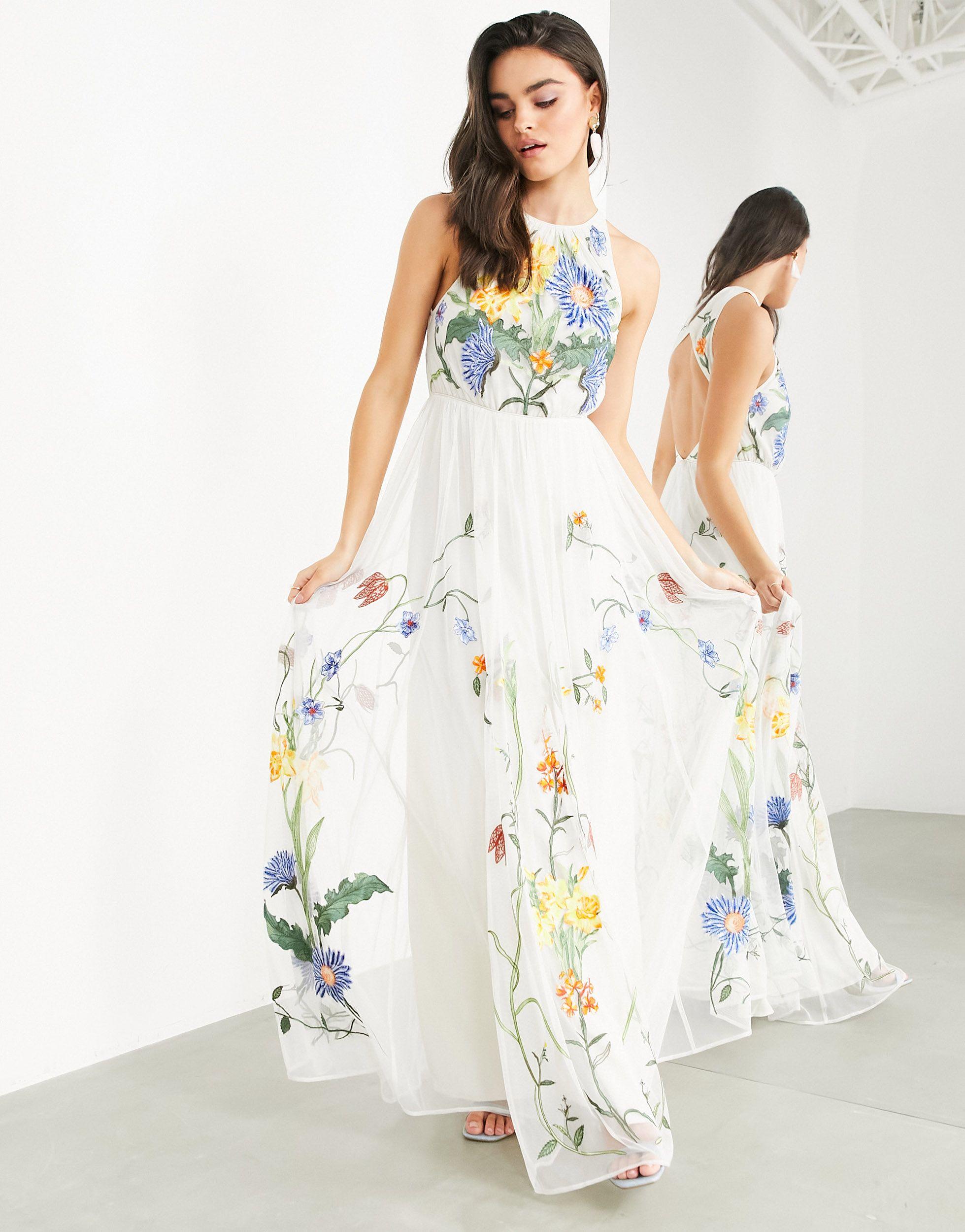 ASOS High Neck Maxi Dress With Wild Flower Embroidery | Lyst