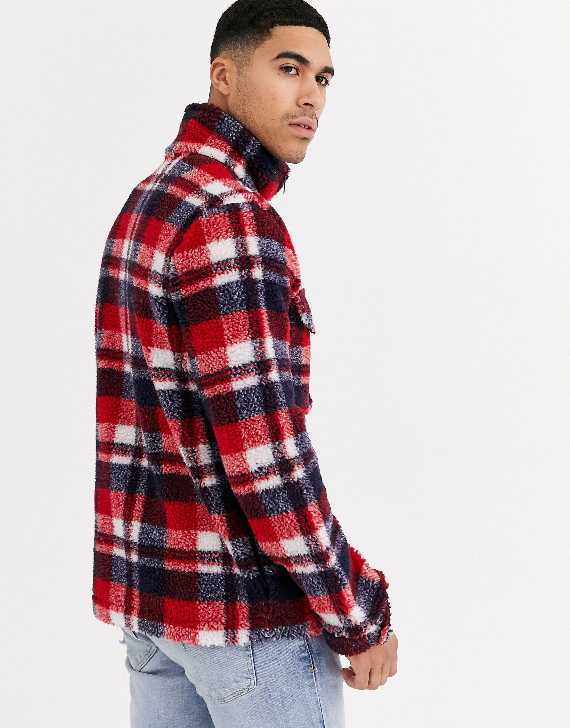 mens check borg jacket