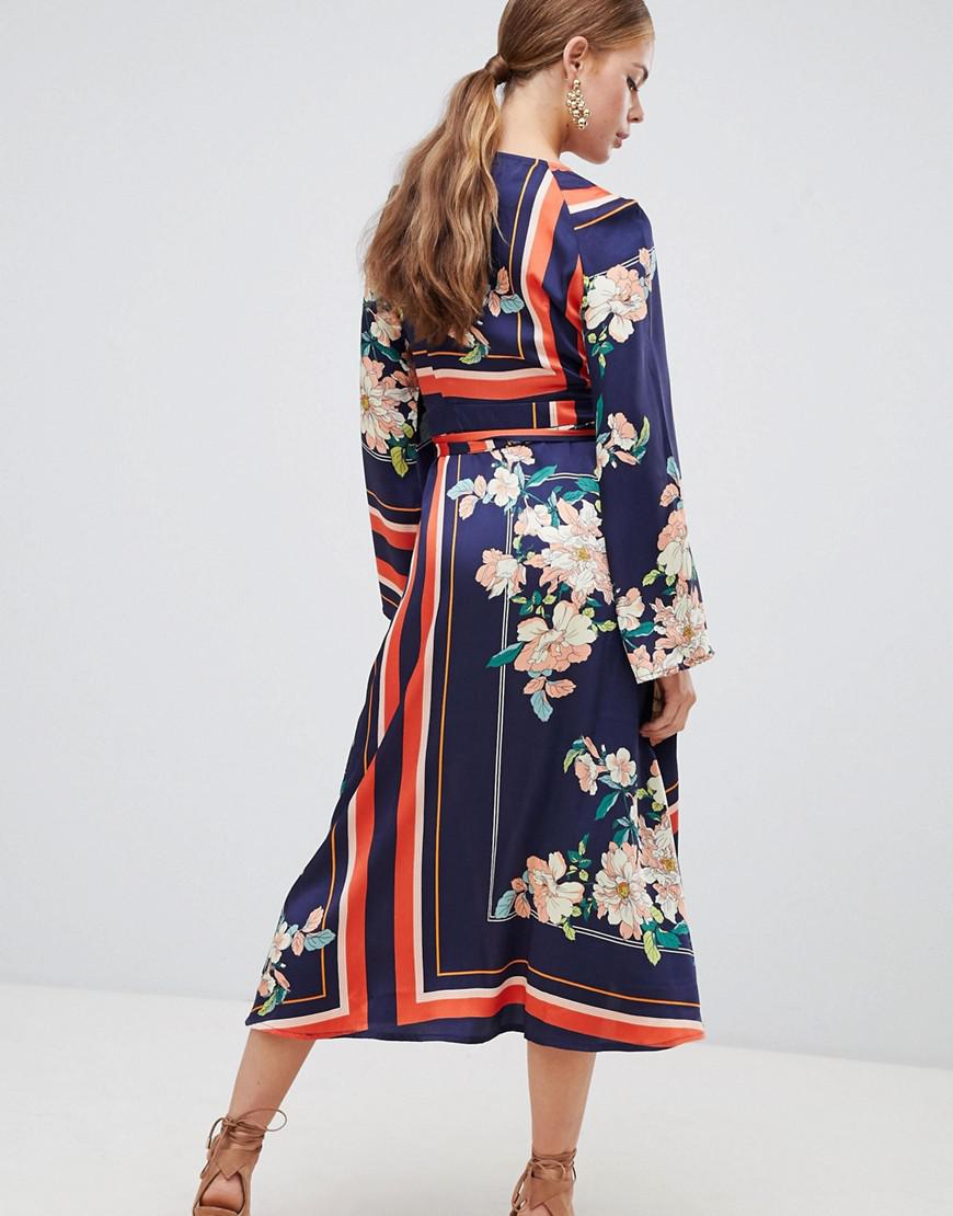 boohoo kimono sleeve midi dress in mixed stripe and floral print