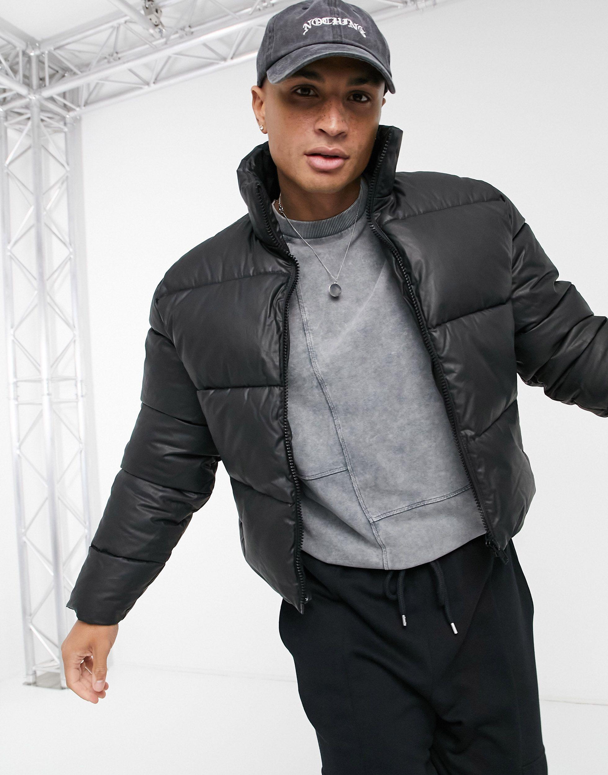 ASOS Waxed Cropped Puffer Jacket in Black for Men | Lyst