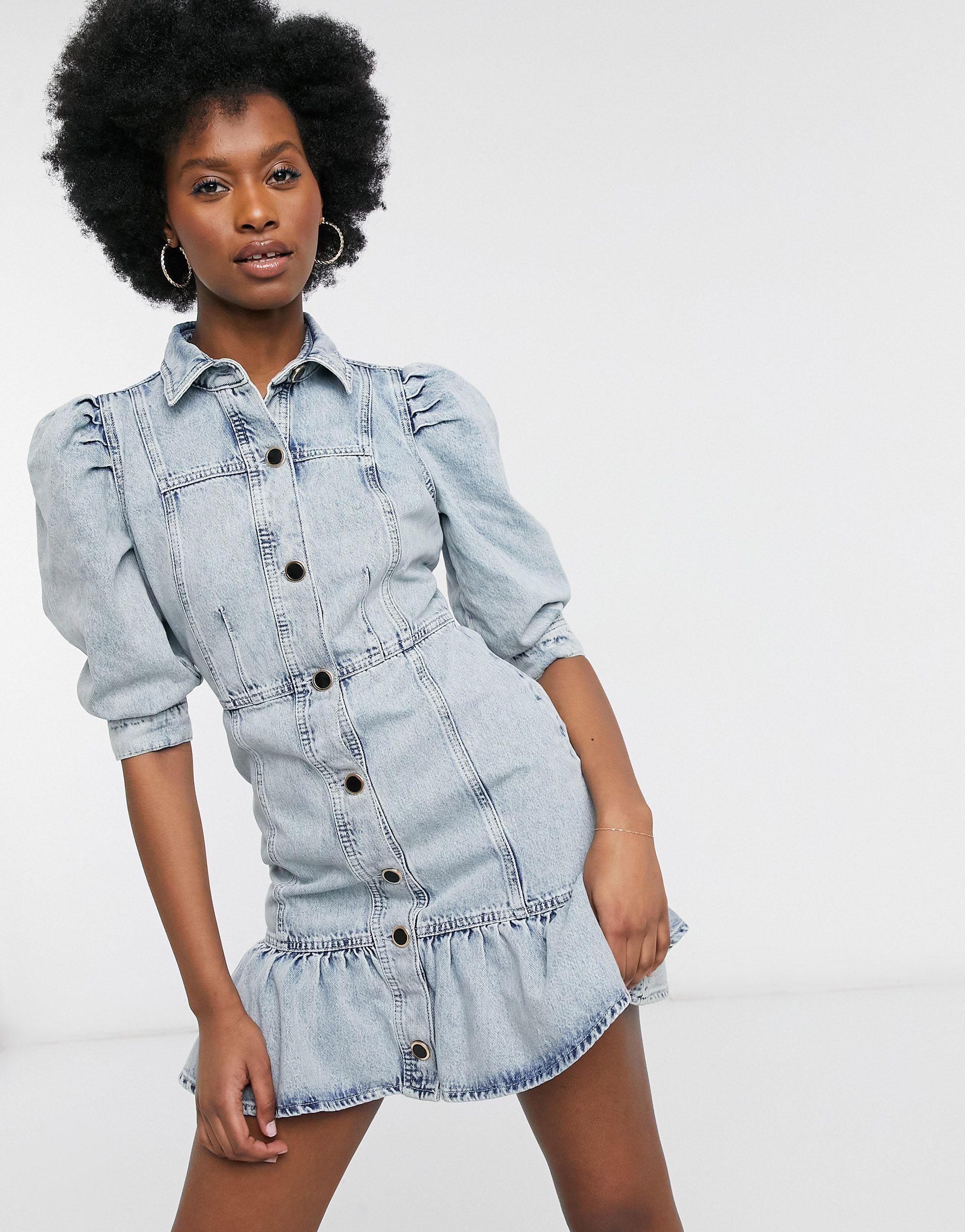 Frill Mini Denim Shirt Dress in Blue 