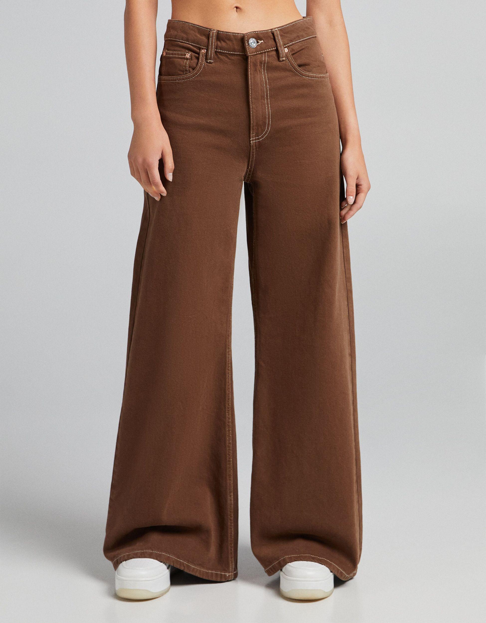 Bershka Wide Leg Trouser With Contrast Seam in Brown | Lyst