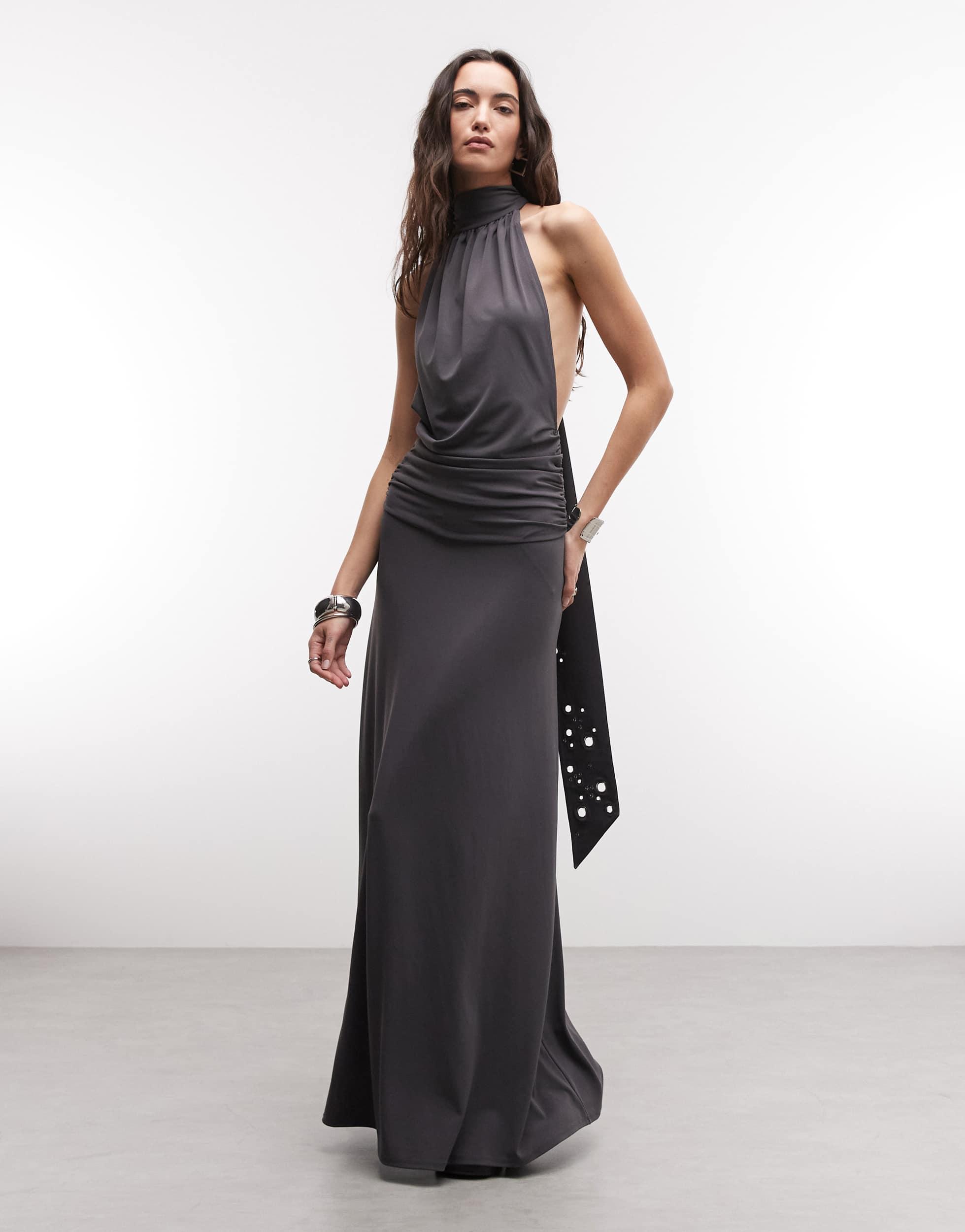weekday silk dress Weekday boat neck bias cut satin maxi dress in dark mole