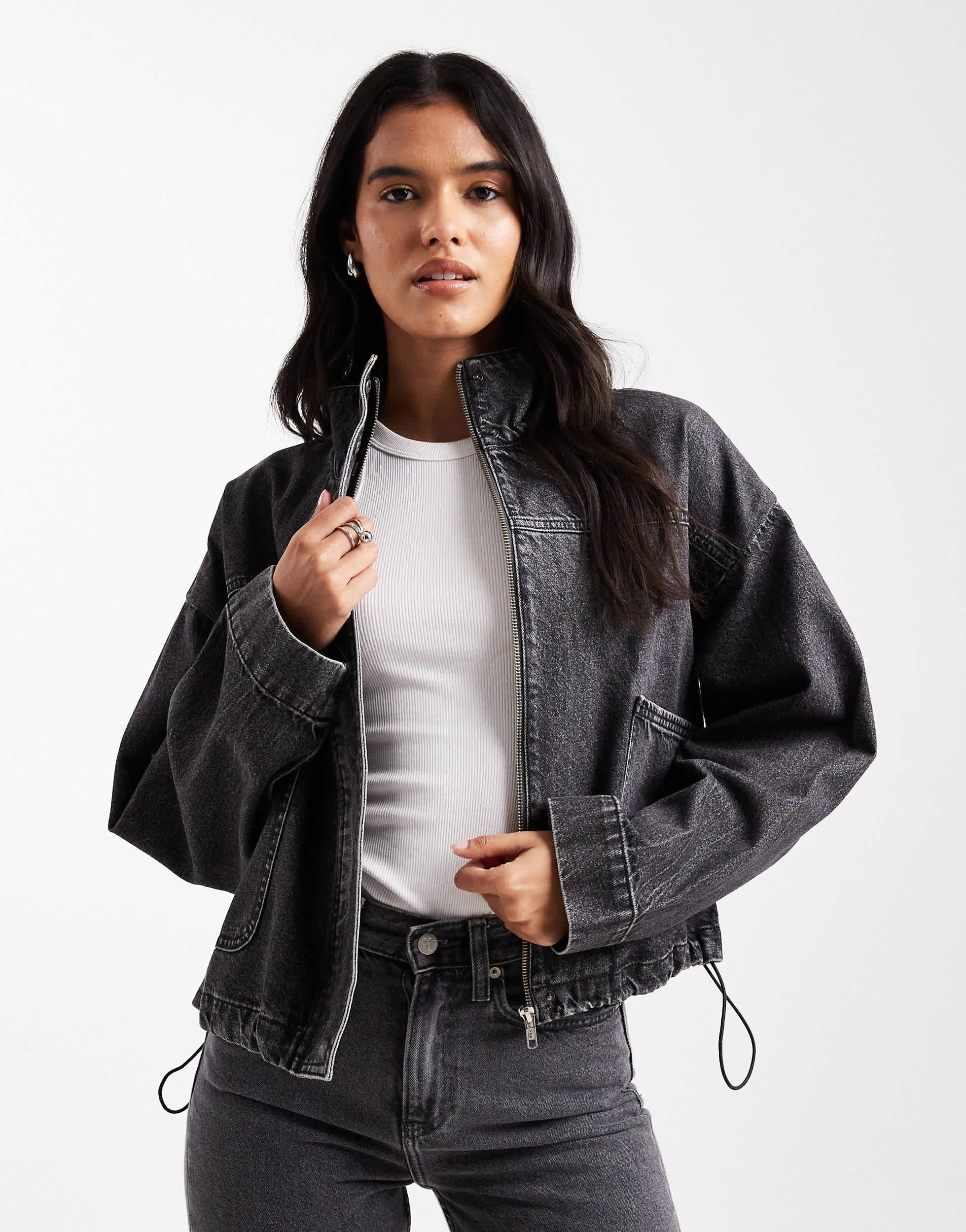 Asos Schwarze Jeansjacke Teddyfell Longline Jeansjacke Taillierte