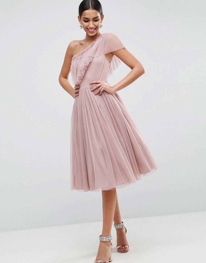 ASOS Tulle One Shoulder Midi Dress in Purple - Lyst