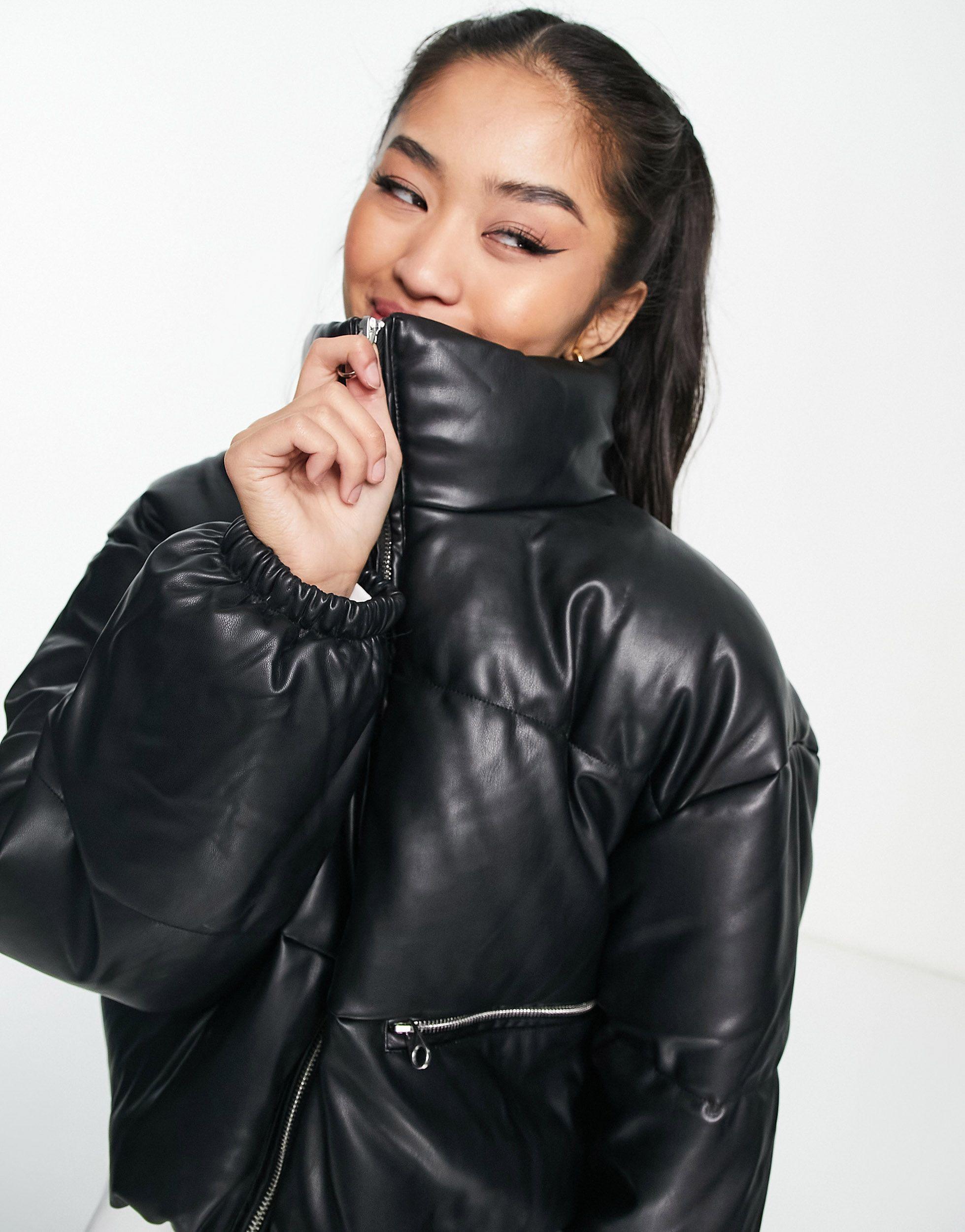 Cropped Faux Leather Puffer Jacket