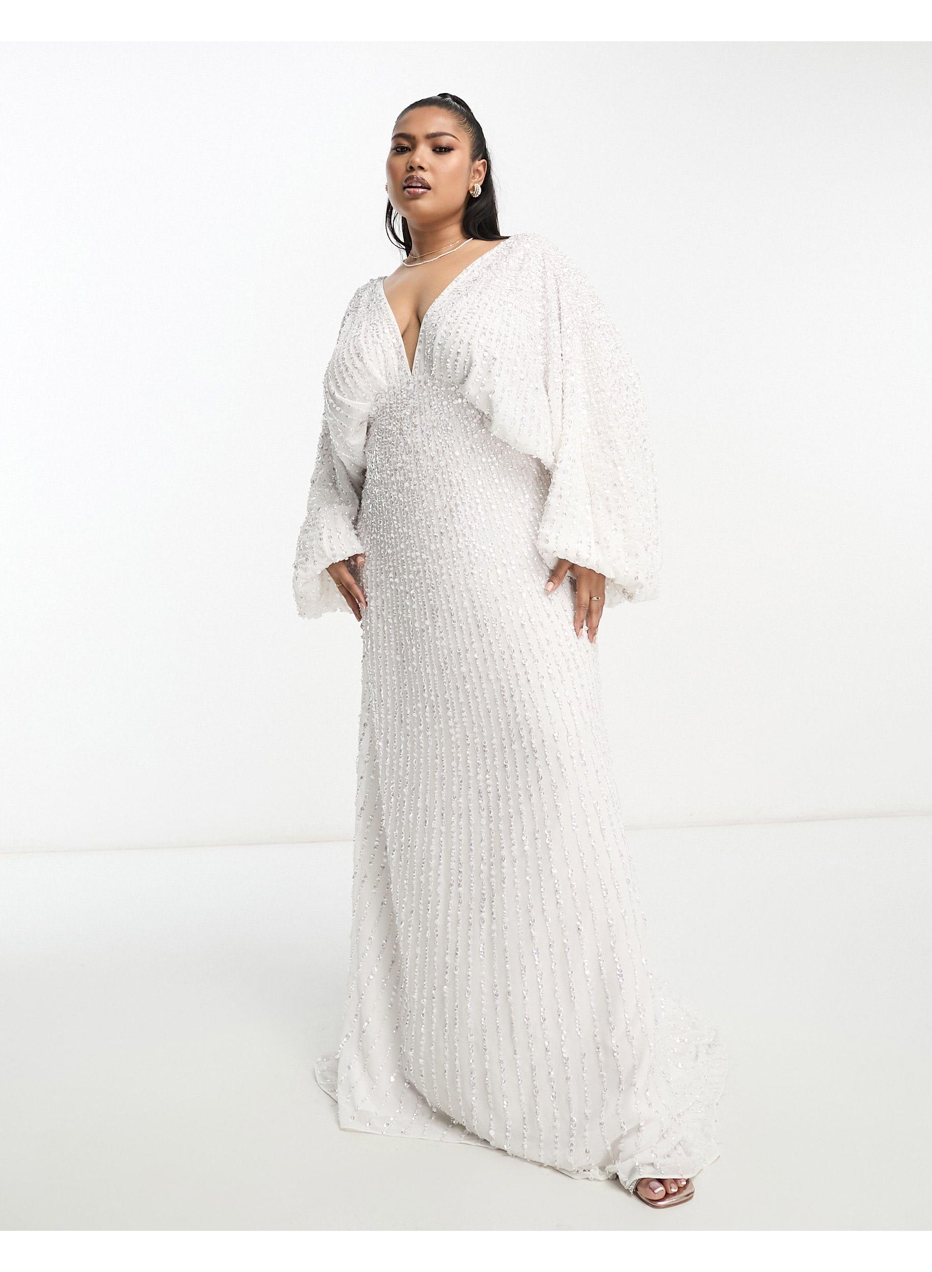 ASOS Asos Design Curve Lennox Sequin Blouson Sleeve Wedding Dress With  Train In in White | Lyst