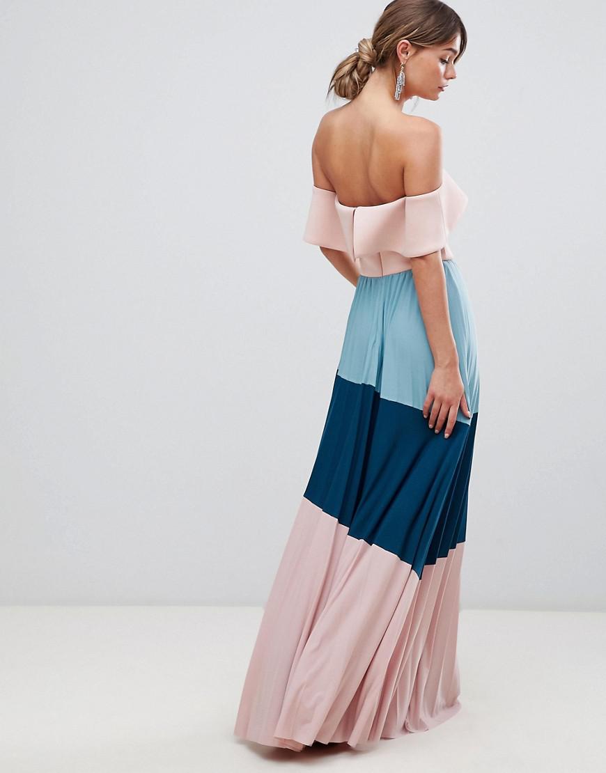 asos scuba bardot colourblock pleated midi dress
