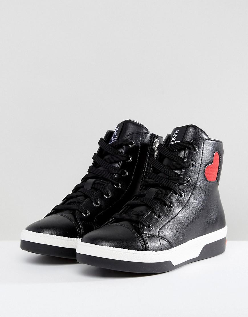 Love Moschino Red Heart Hi Top Trainer in Black | Lyst