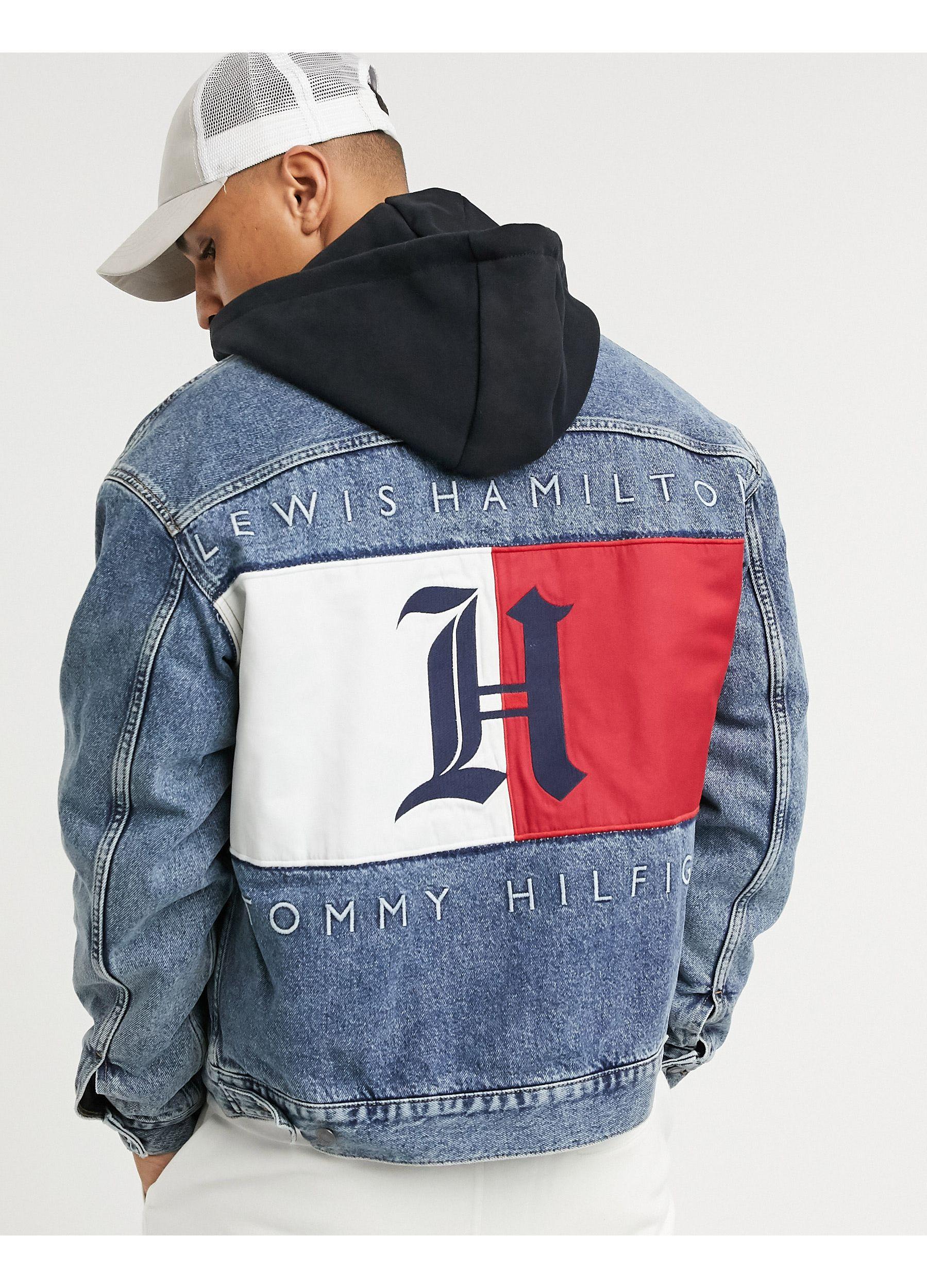 Tommy Hilfiger Lewis Hamilton Back Logo Oversized Hooded Denim Jacket in Blue for | Lyst