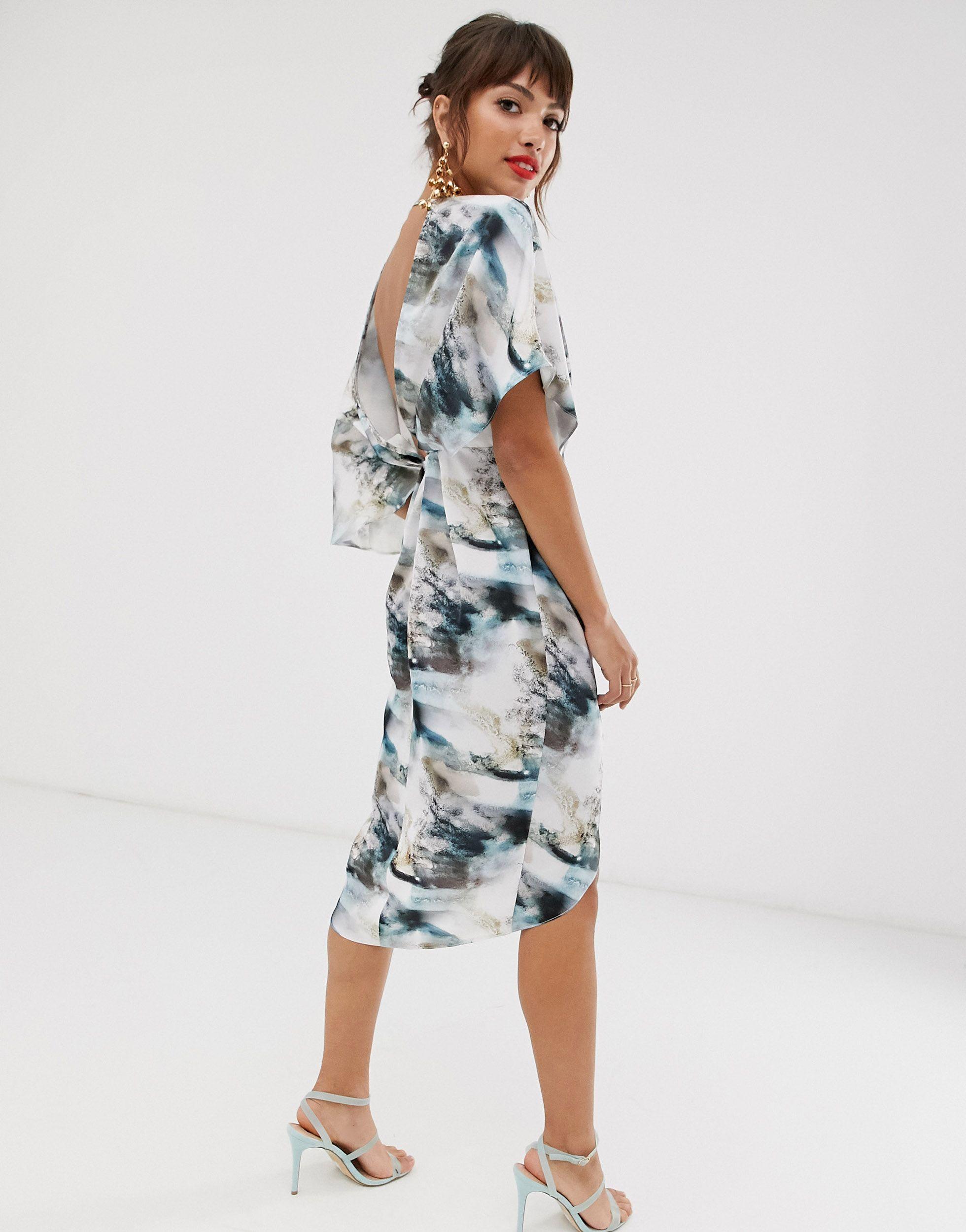 asos design satin kimono midi dress with knot front and asymmetric sleeve