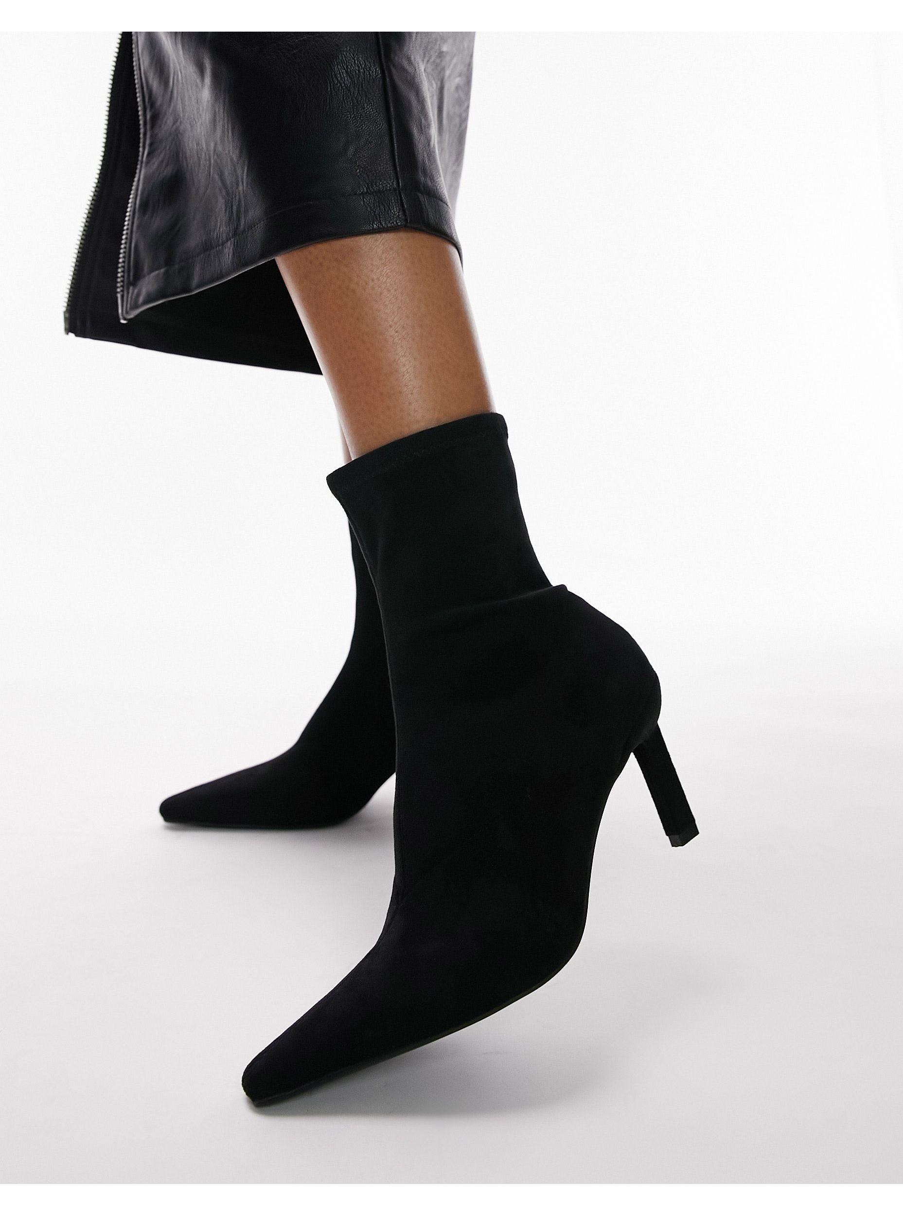 TOPSHOP Olive Pointed Heeled Sock Boot in Black | Lyst UK