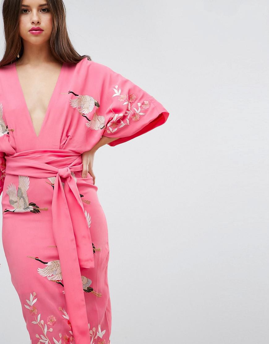 ASOS Embroidered Kimono Bird Midi Dress in Pink | Lyst