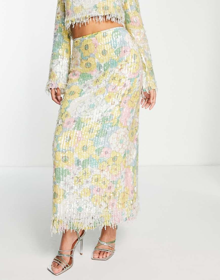 ASOS Pastel Floral Print And Sequin Midi Skirt With Fringe Lyst UK