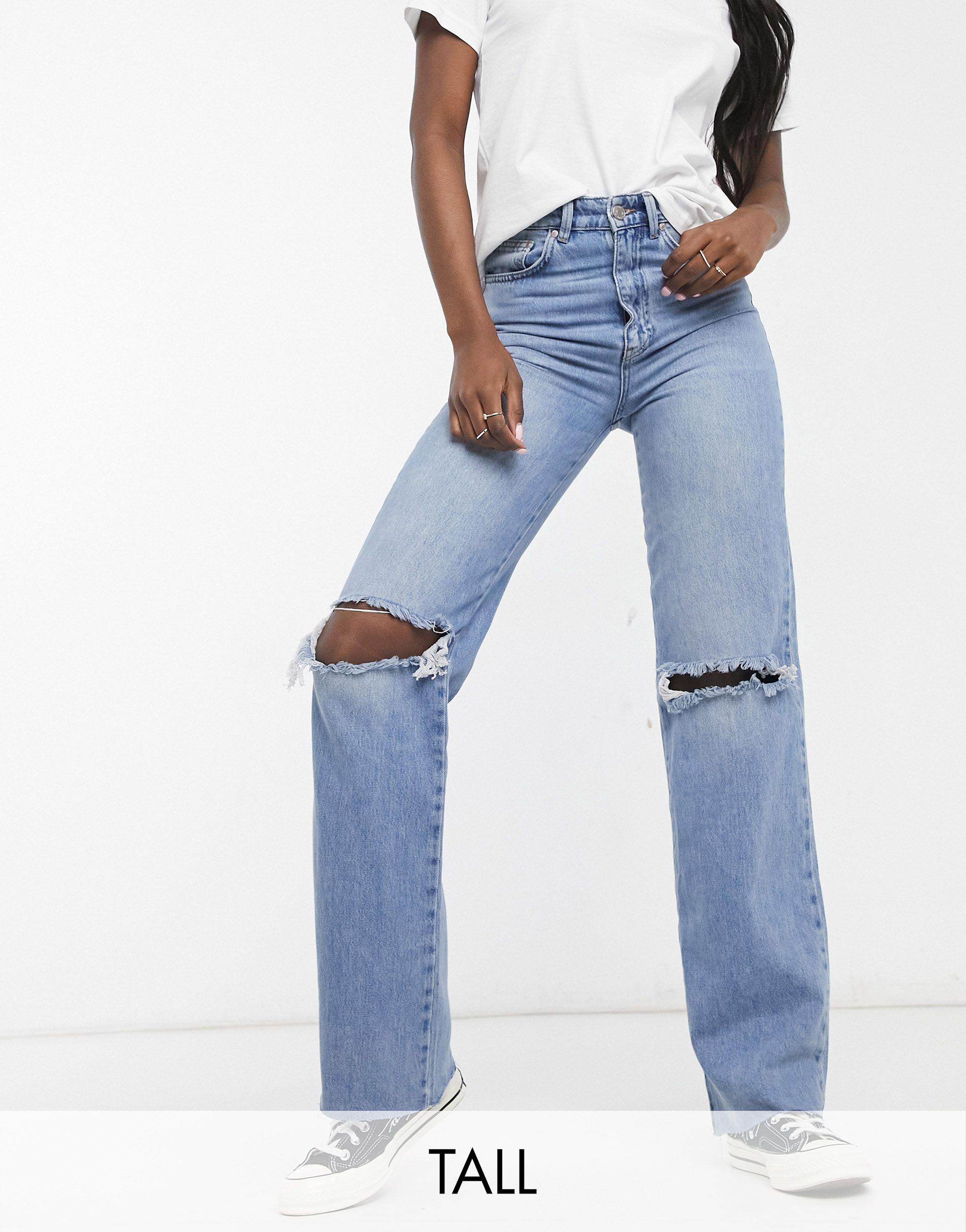 Stradivarius Tall Straight Leg 90s Jeans With Rips in Blue