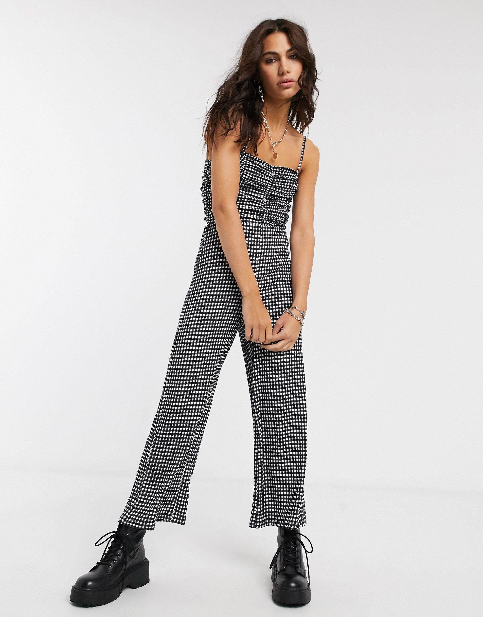 Bershka Ruched Front Strappy Gingham Jumpsuit - Lyst