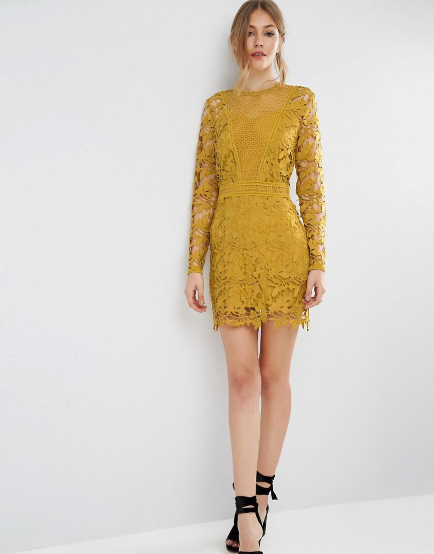 ASOS Mustard Lace Long Sleeve Panelled Shift Dress in Yellow - Lyst