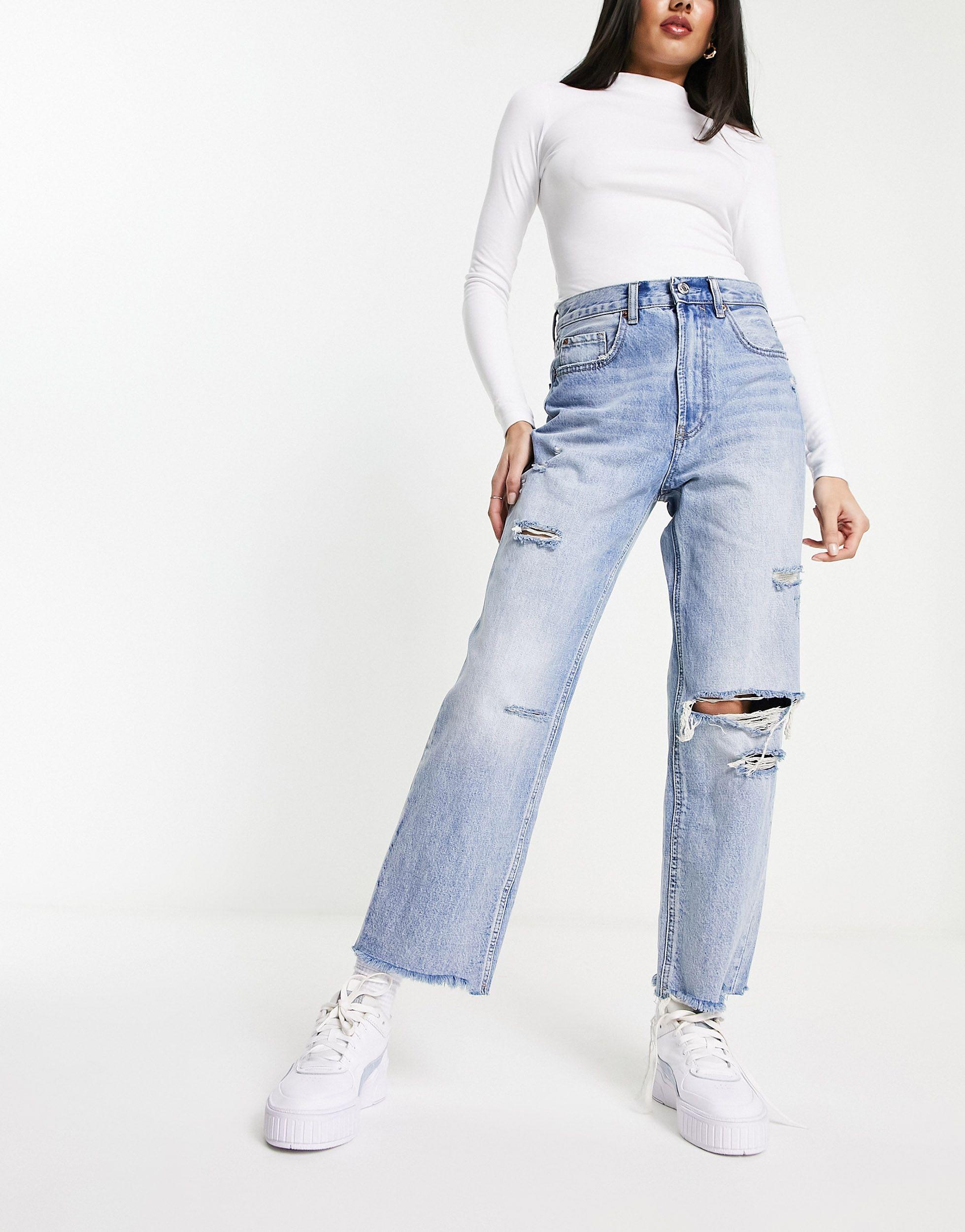 Stradivarius Straight Cropped Jean With Rips in Blue | Lyst UK