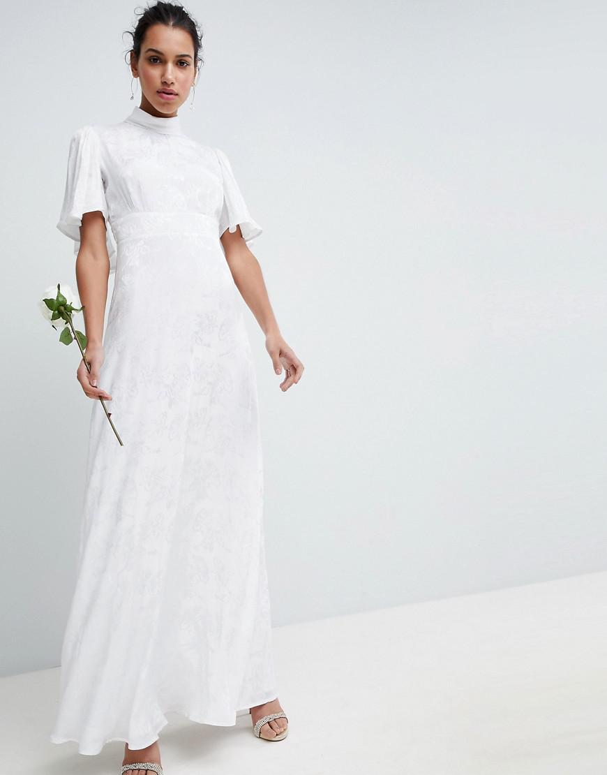 Asos Wedding Maxi Dress In Soft Jacquard With Flutter Sleeve In