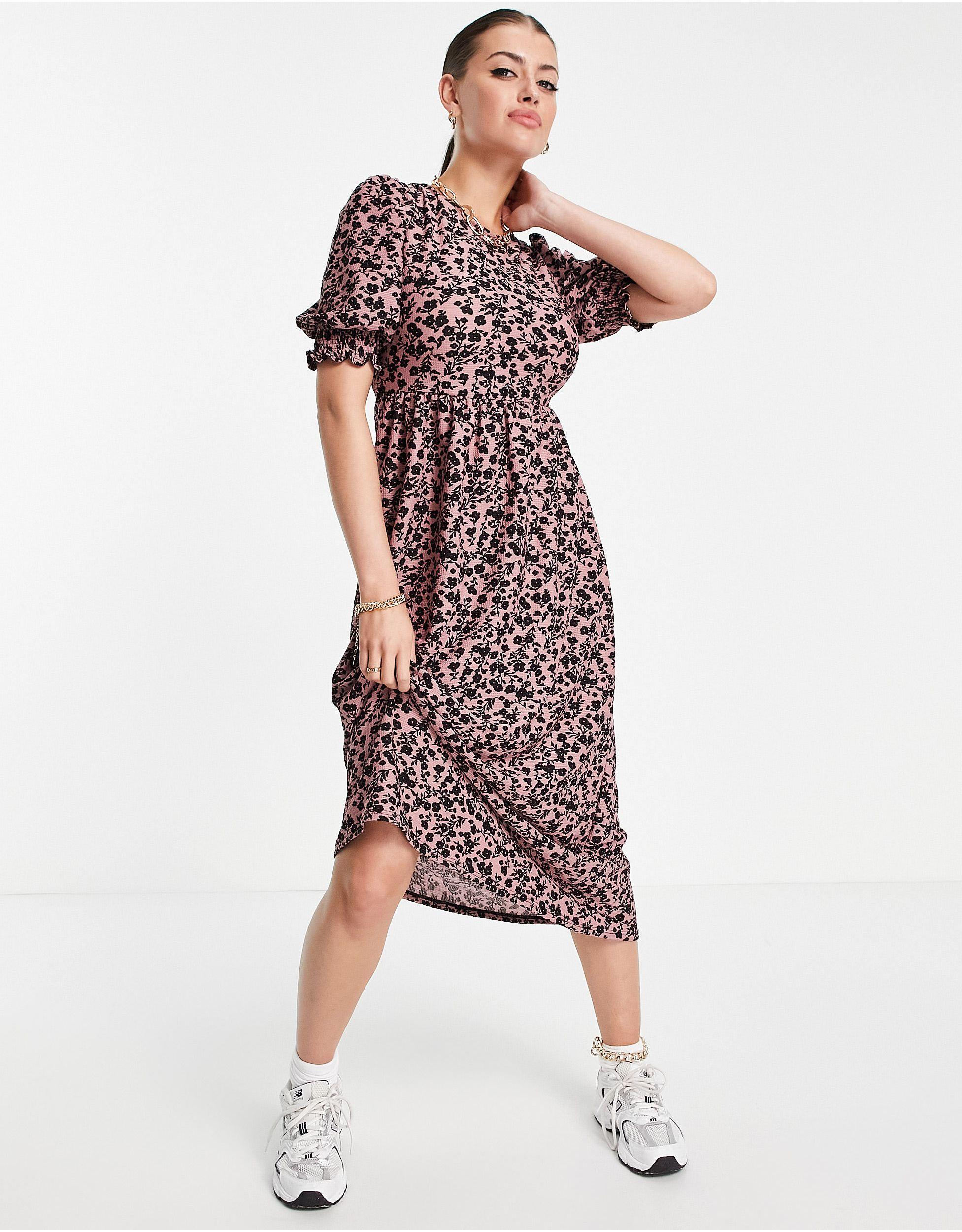 Floral Tie Back Puff Sleeve Midi Dress 