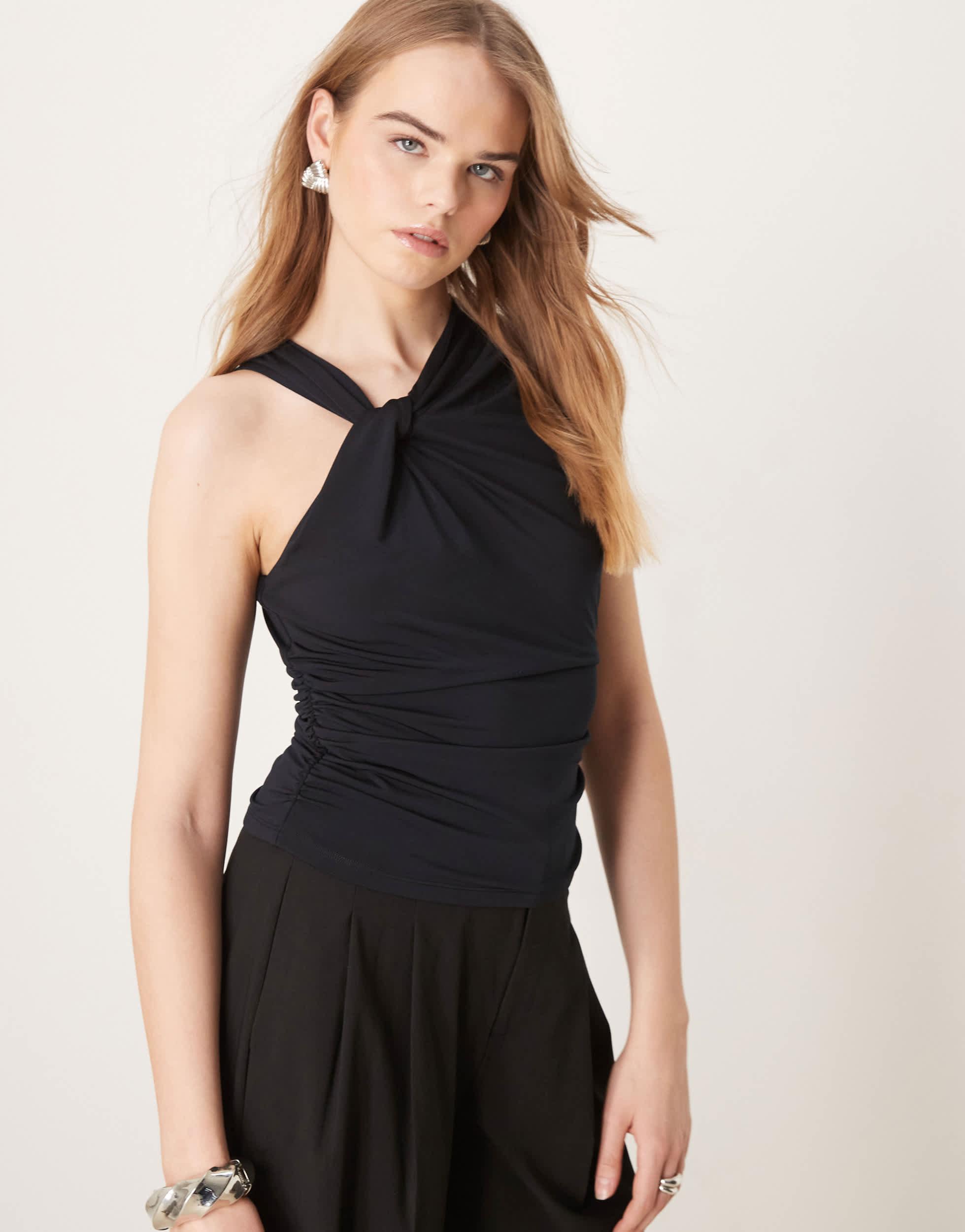 Abercrombie & Fitch Drape Twist Front Asymmetric Top in Black | Lyst