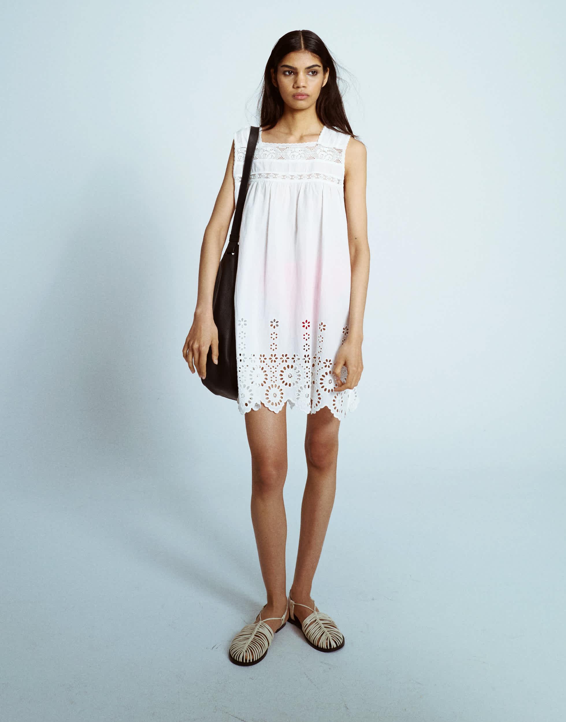 white floral embroidered mesh dress Marbella Floral Embroidered Overlay Scoop Neck Mini Dress White