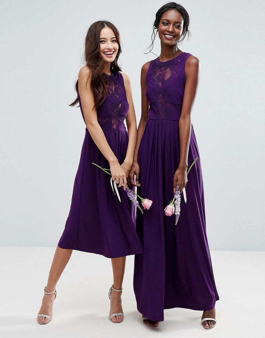 Lyst Asos Design Bridesmaid Lace Jersey Pleated Maxi Dress in Purple