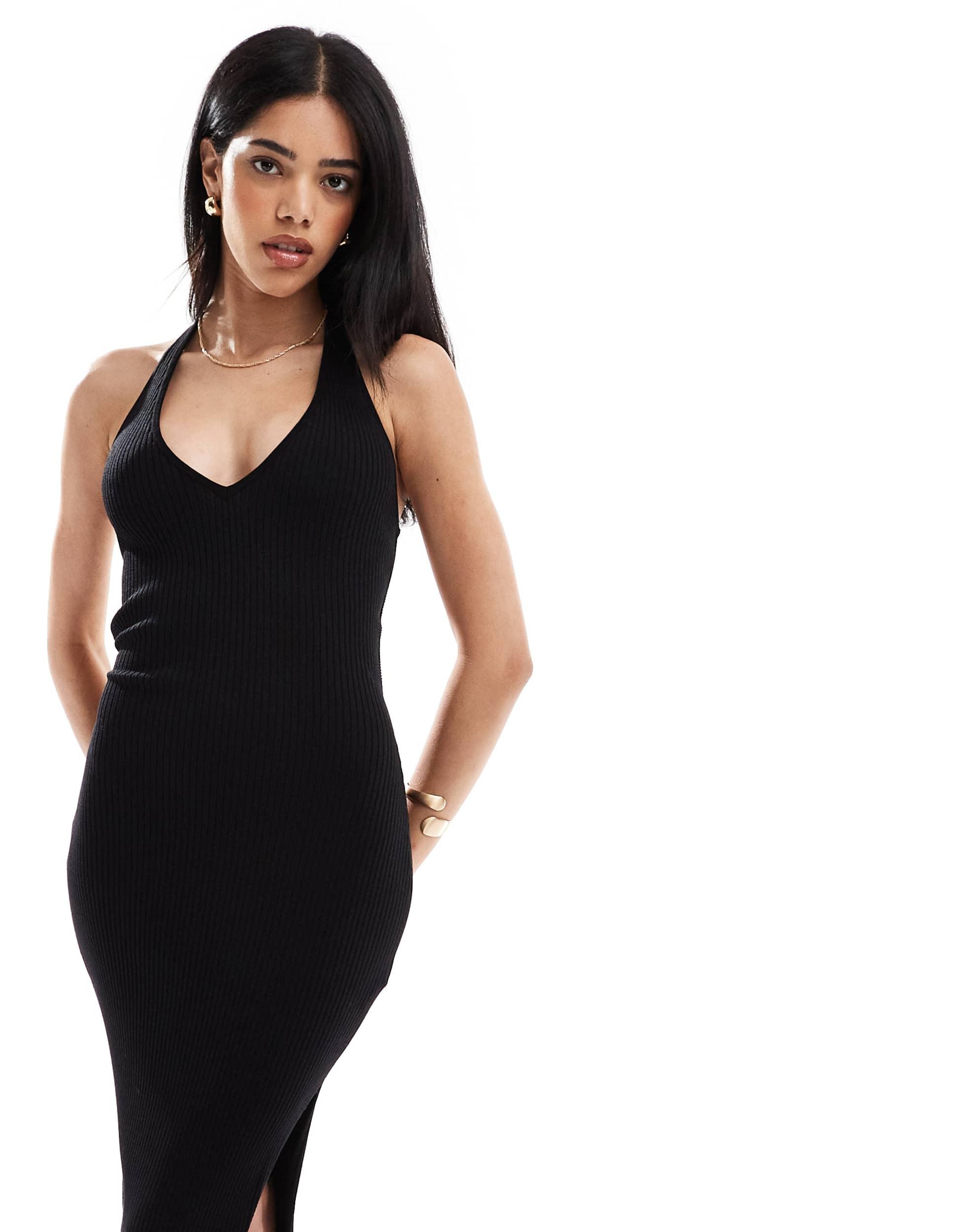 Bershka Halterneck Knitted Bodycon Midi Dress in Black | Lyst