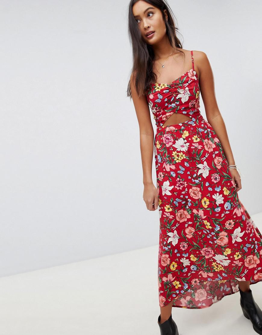 Hollister Floral Maxi Dress With Cut Out Detail in Red