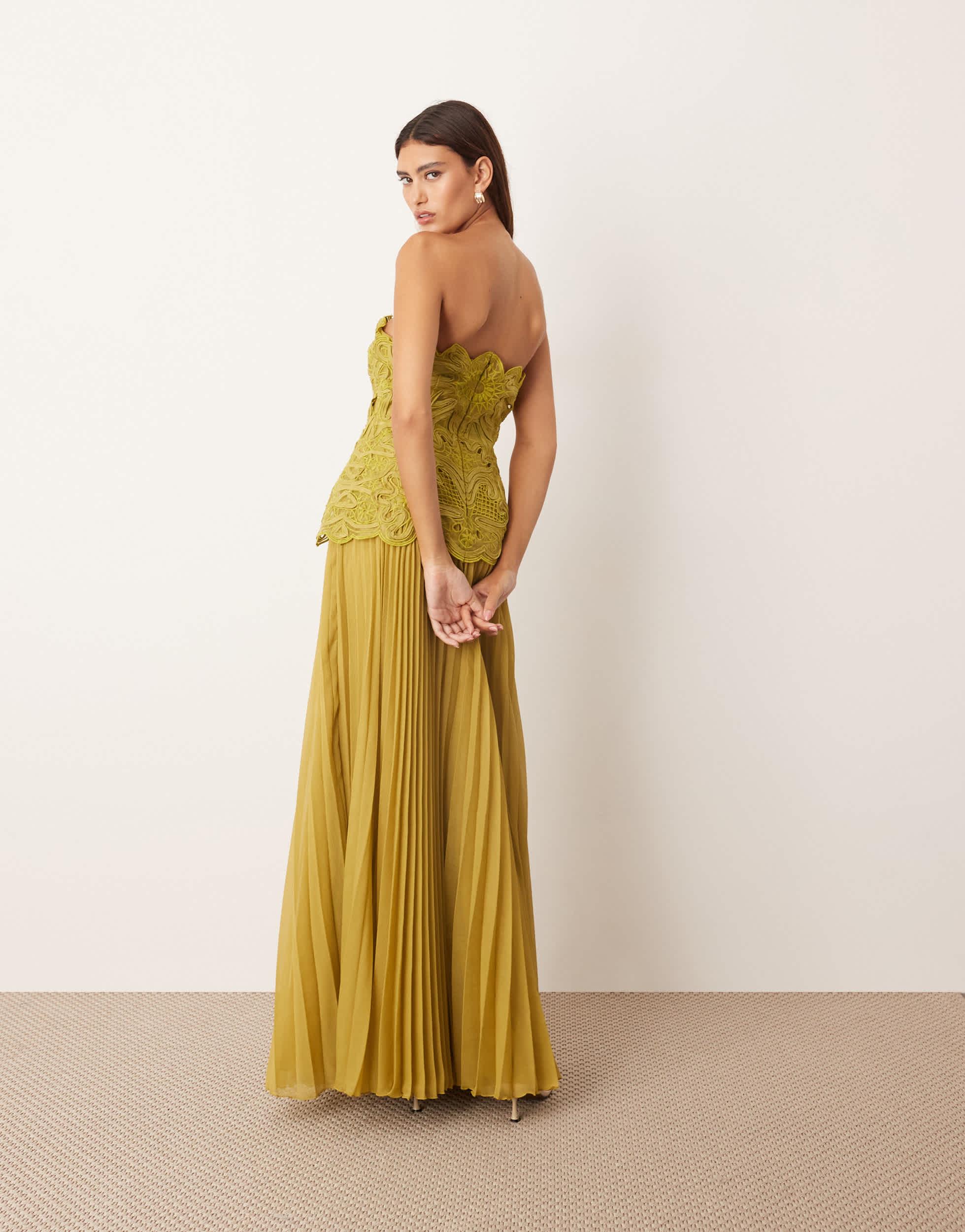 ARRANGE Abstract Cutwork Bandeau Maxi Dress With Pleated Skirt in Yellow |  Lyst