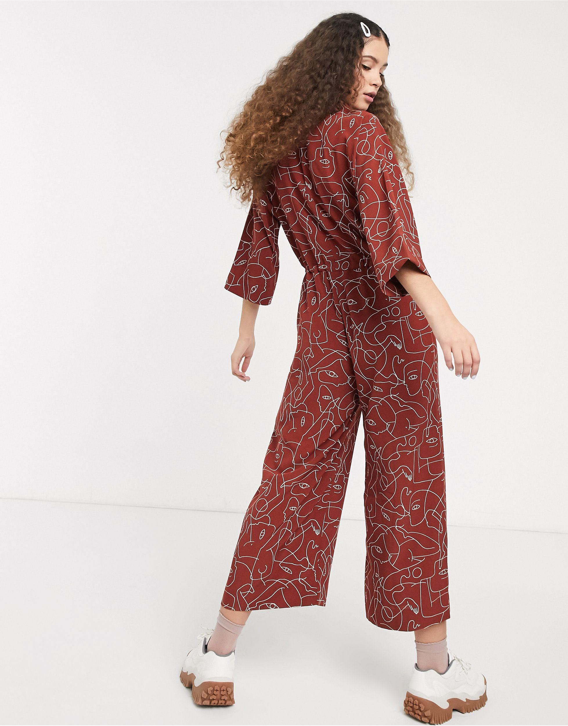 Monki Synthetic Harriot Face Print Wide Leg Jumpsuit in Red - Lyst