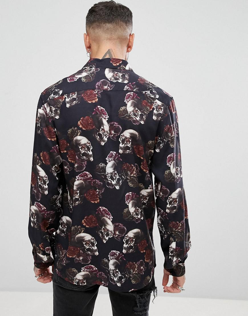 ASOS Synthetic Regular Fit Viscose Shirt With Skull And Rose Print-black  for Men | Lyst
