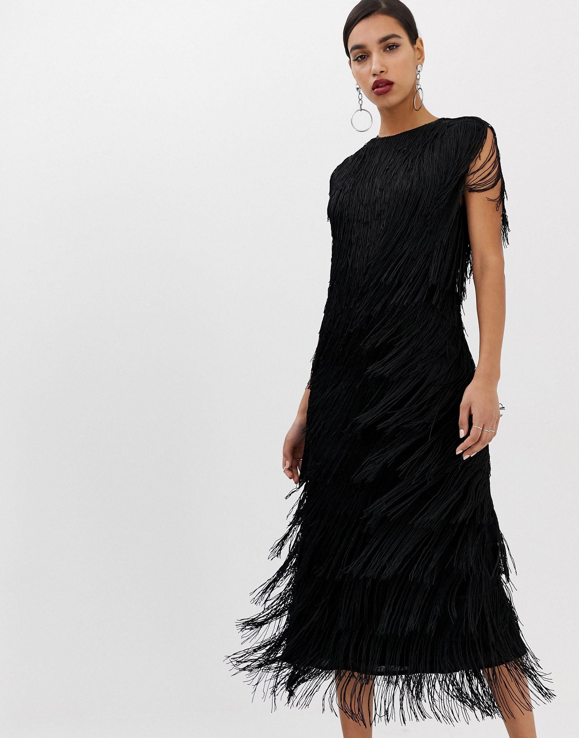 ASOS Fringe Column Midi Dress in Black | Lyst