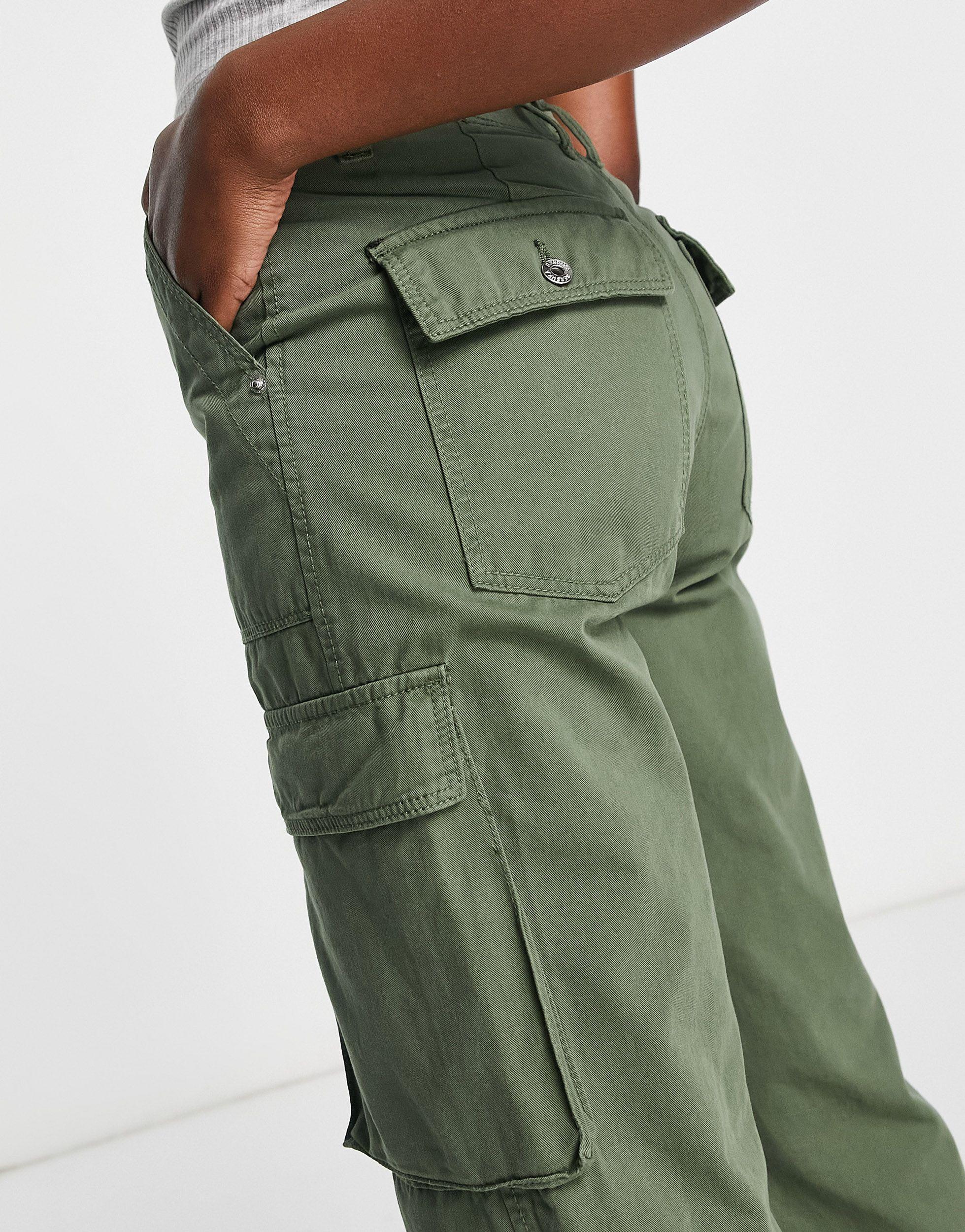 Bershka Women's Green Straight Leg Chino Cargo Trouser
