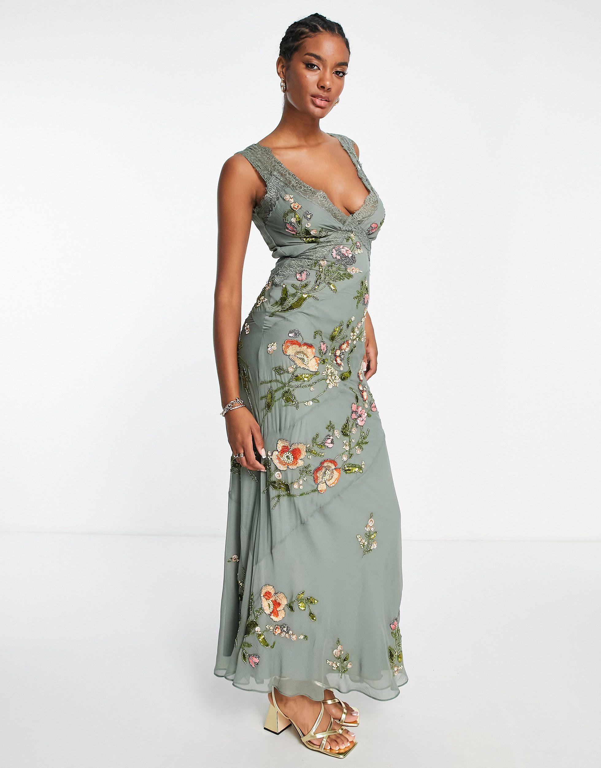 ASOS Lace Trimmed Maxi Dress With Floral Embellishment in Green | Lyst