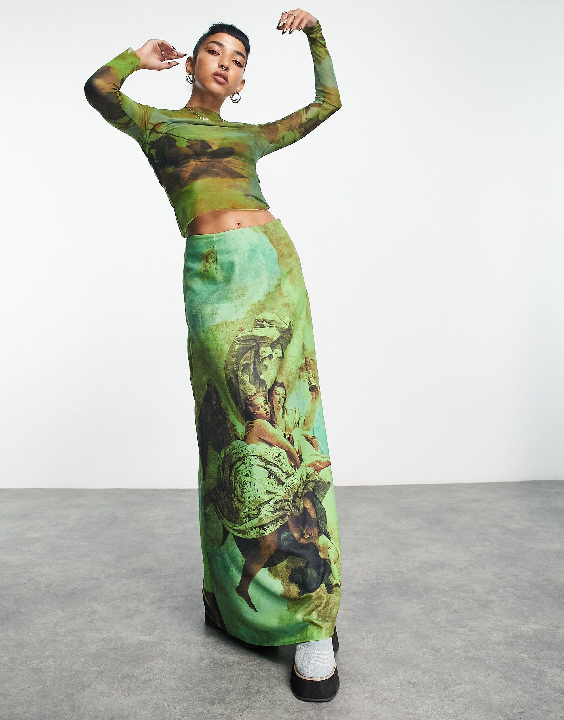 Collusion Renaissance Printed Maxi Skirt in Green | Lyst UK