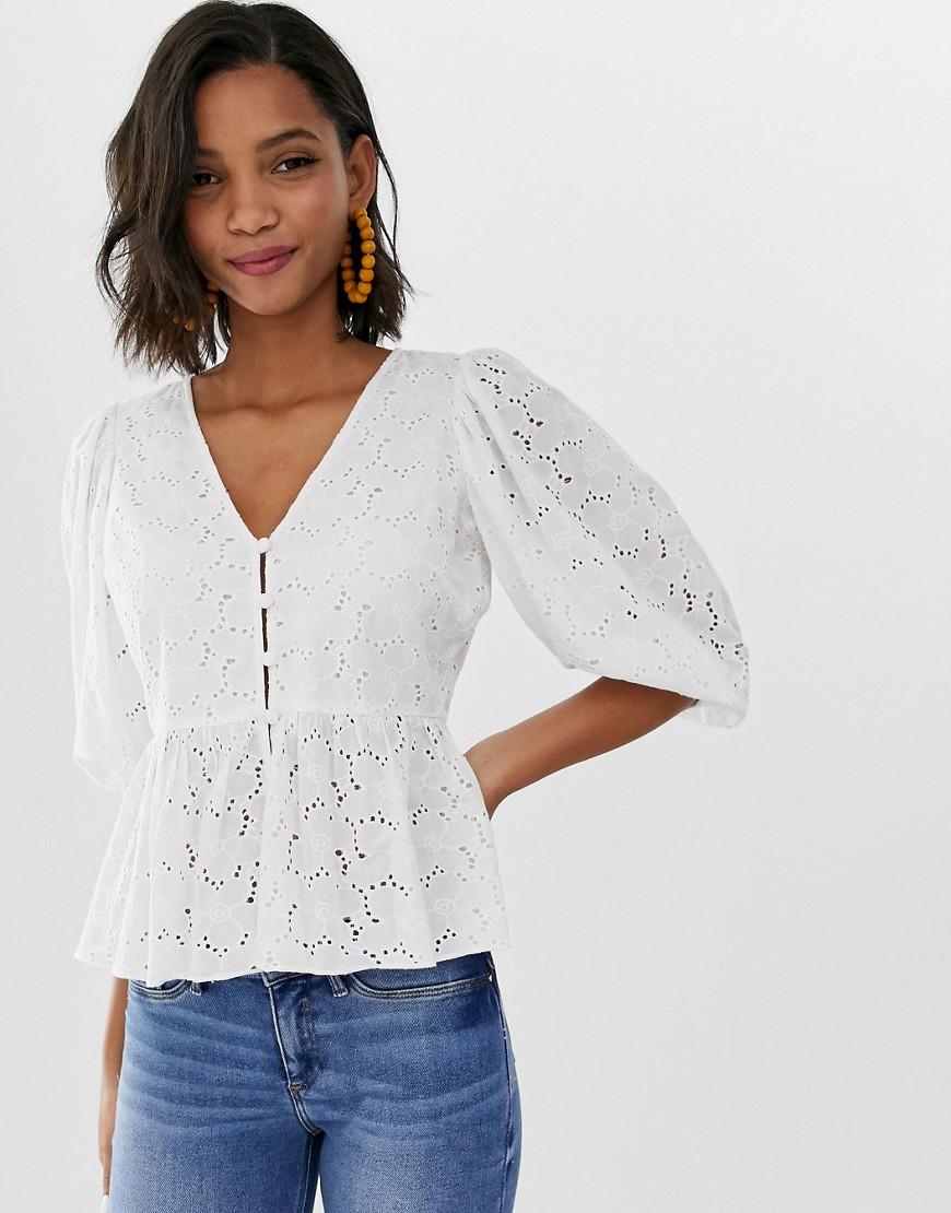 ASOS Tea Blouse In Broderie With Volume Sleeve in White - Lyst