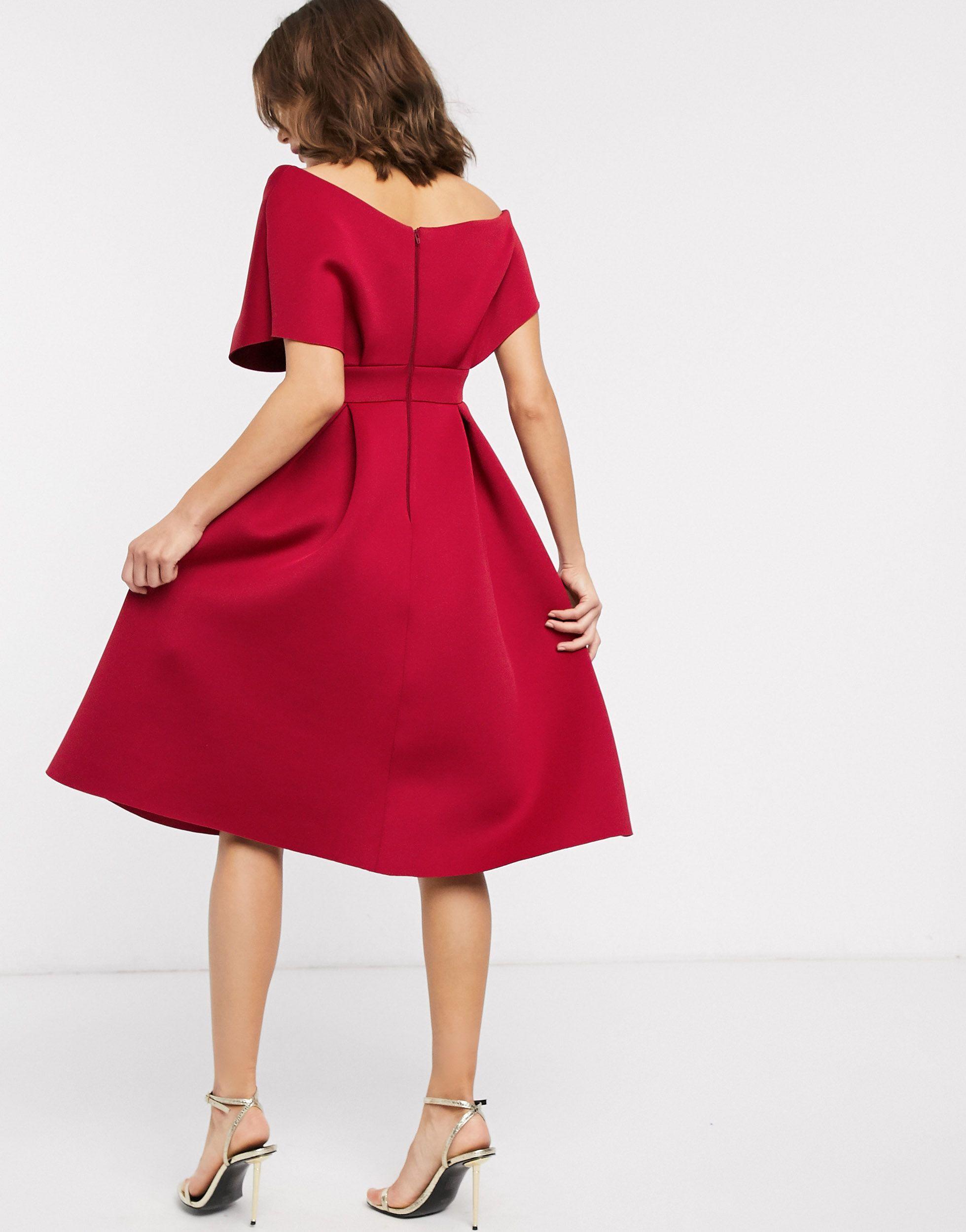 ASOS Synthetic Fallen Shoulder Midi Prom Dress With Tie Detail in Red - Lyst