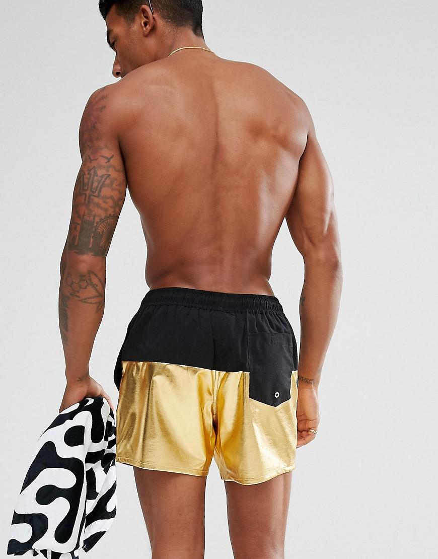 ASOS Swim Shorts With Metallic Gold Panel In Short Length for Men | Lyst