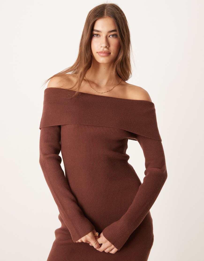 brown off shoulder knit dress Glamorous Knitted Mini in grey dressing table with mirror Wedding Guest | Siren Bra Cup Size:DDD/F