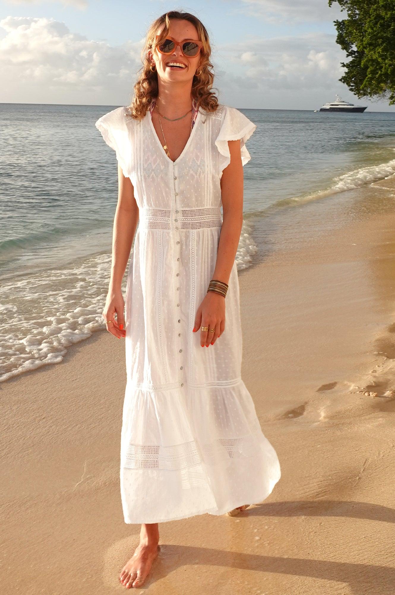 cotton white beach dresses Ruffle Maxi Dress, Long Flowy Beach Cotton Dress, Beach Bride main image 1