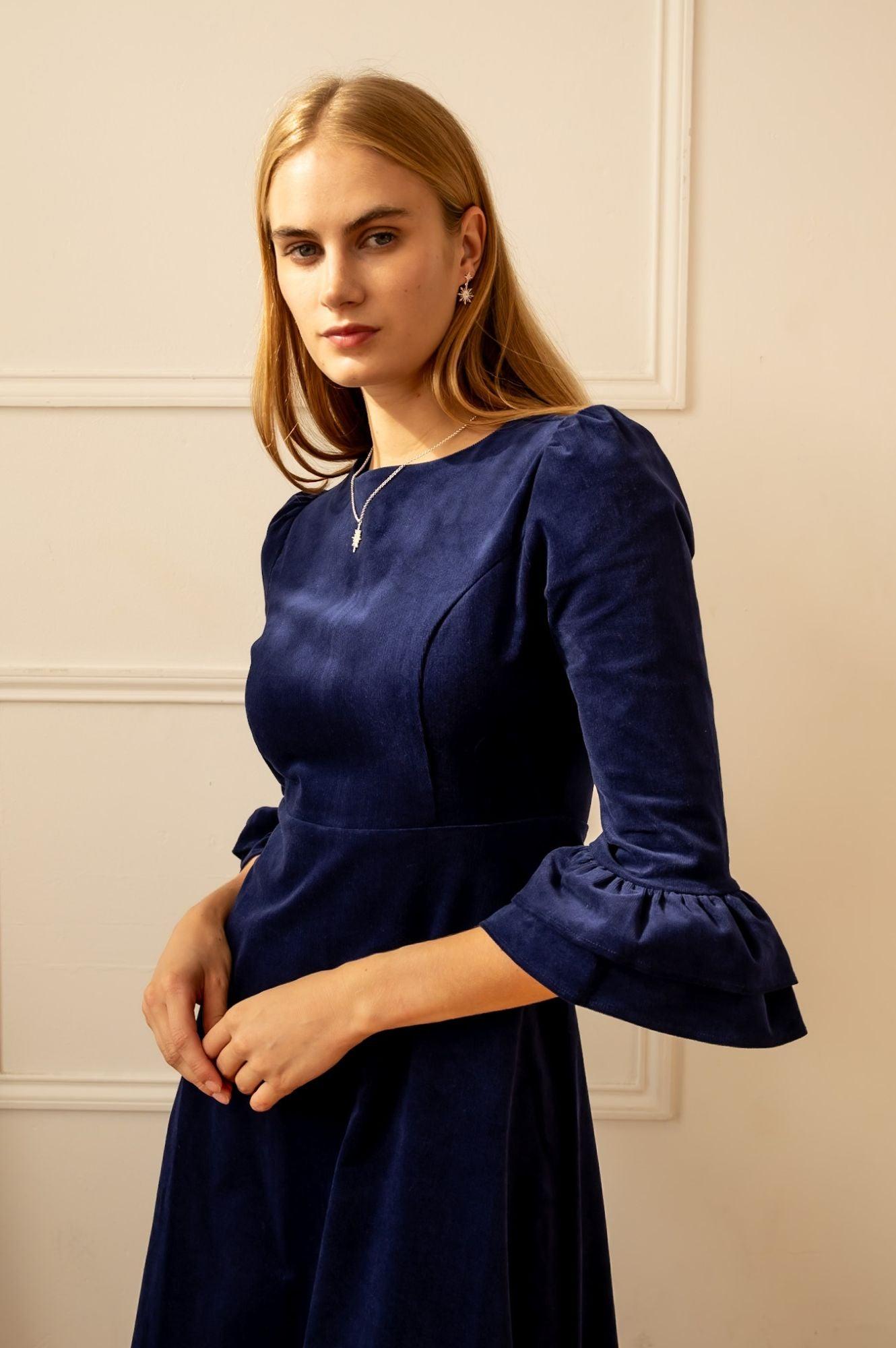 navy blue dress for baby girl Long sleeves green corduroy winter dress women 4561 – Xiaolizi main image 1