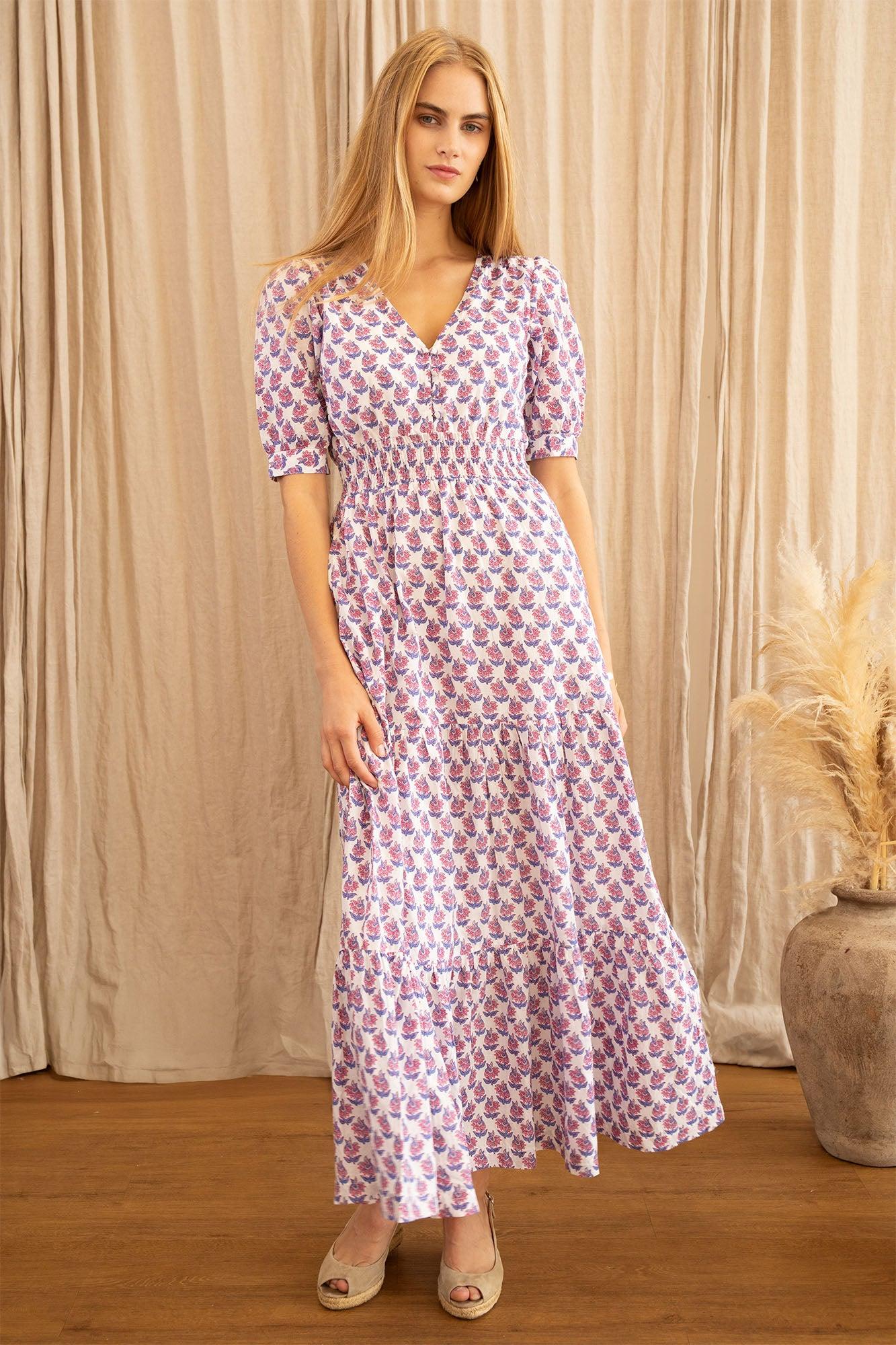 knee length dresses for ladies Aspiga Ladies Sustainable Viola Cotton Pink V-Neck Short Sleeve Dress  Summer Holiday Wedding Dress