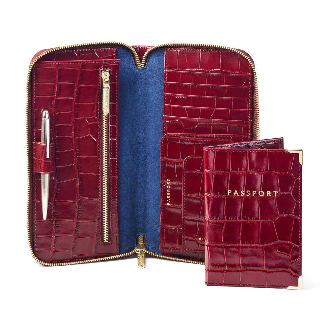 Aspinal of London Zipped Travel Wallet With Passport Cover in Bordeaux