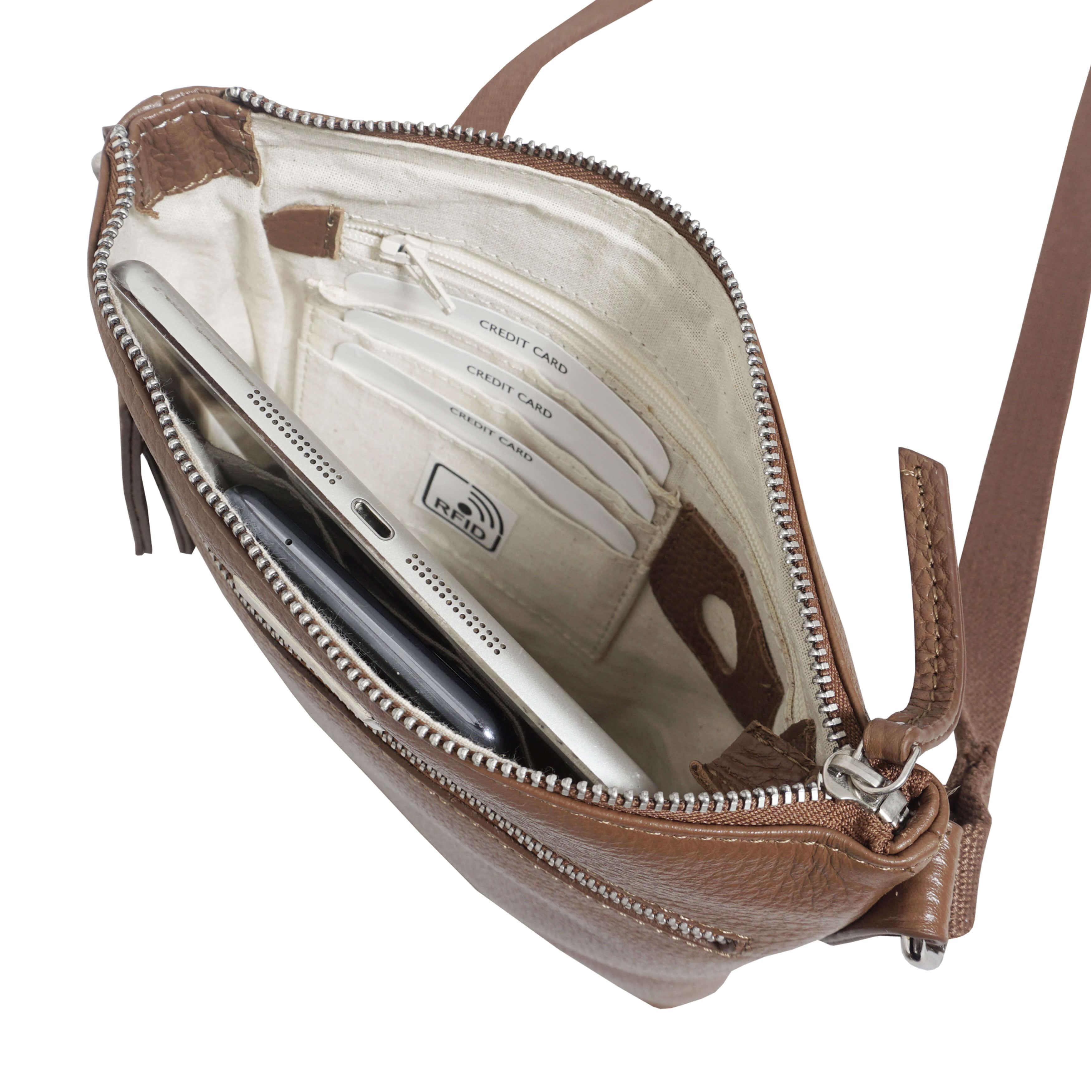 Assots London 'rue' Tan Pebble Grain Real Leather Crossbody Bag in