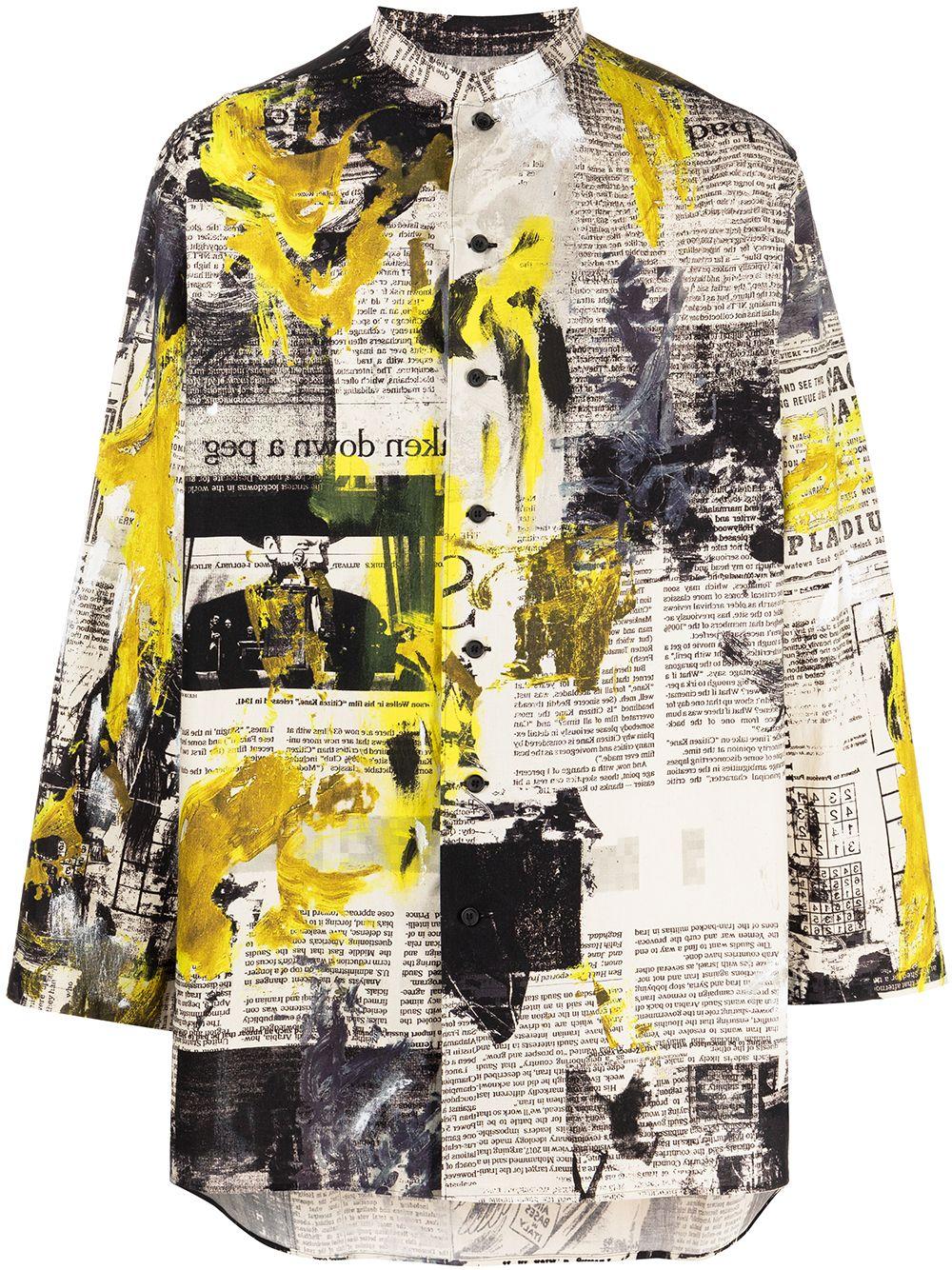 Yohji Yamamoto Newspaper-print Collarless Shirt in Yellow for Men 